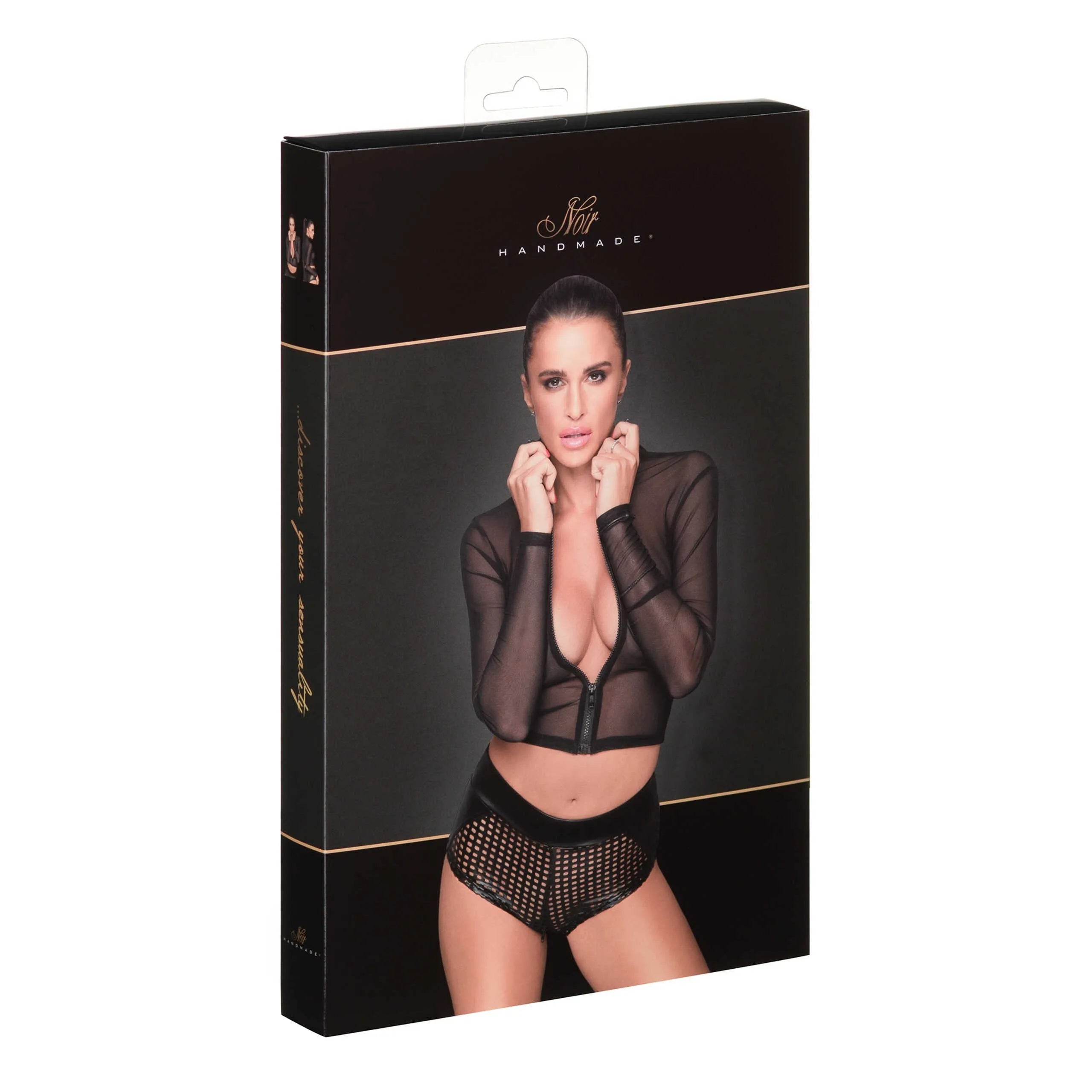 Top tulle zippé noir doux powernet élastique transparent col