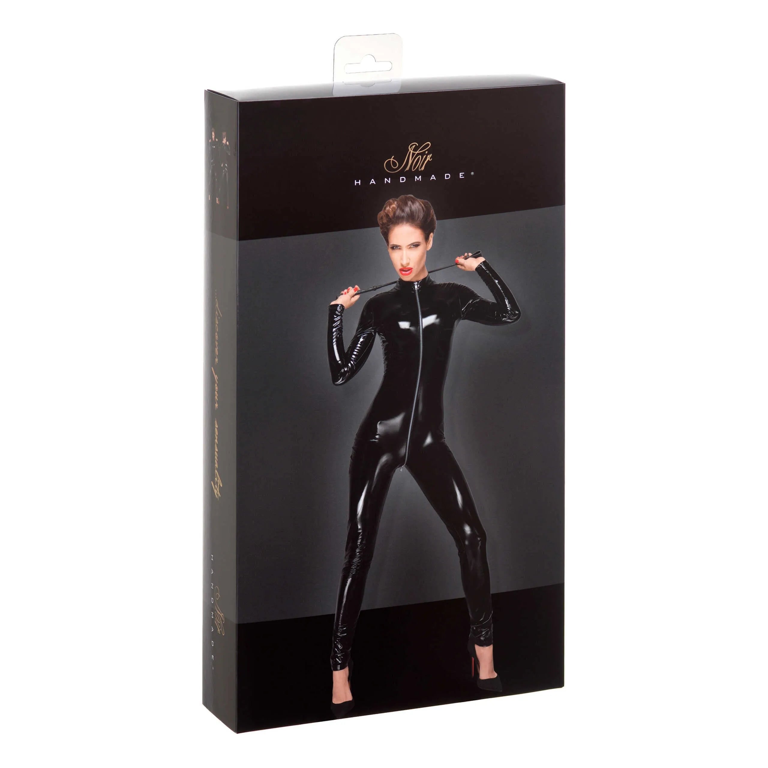 Combinaison PVC noire fétichiste, fermeture éclair trois voies, ajustée, style audacieux et séduisant pour soirées spéciales.