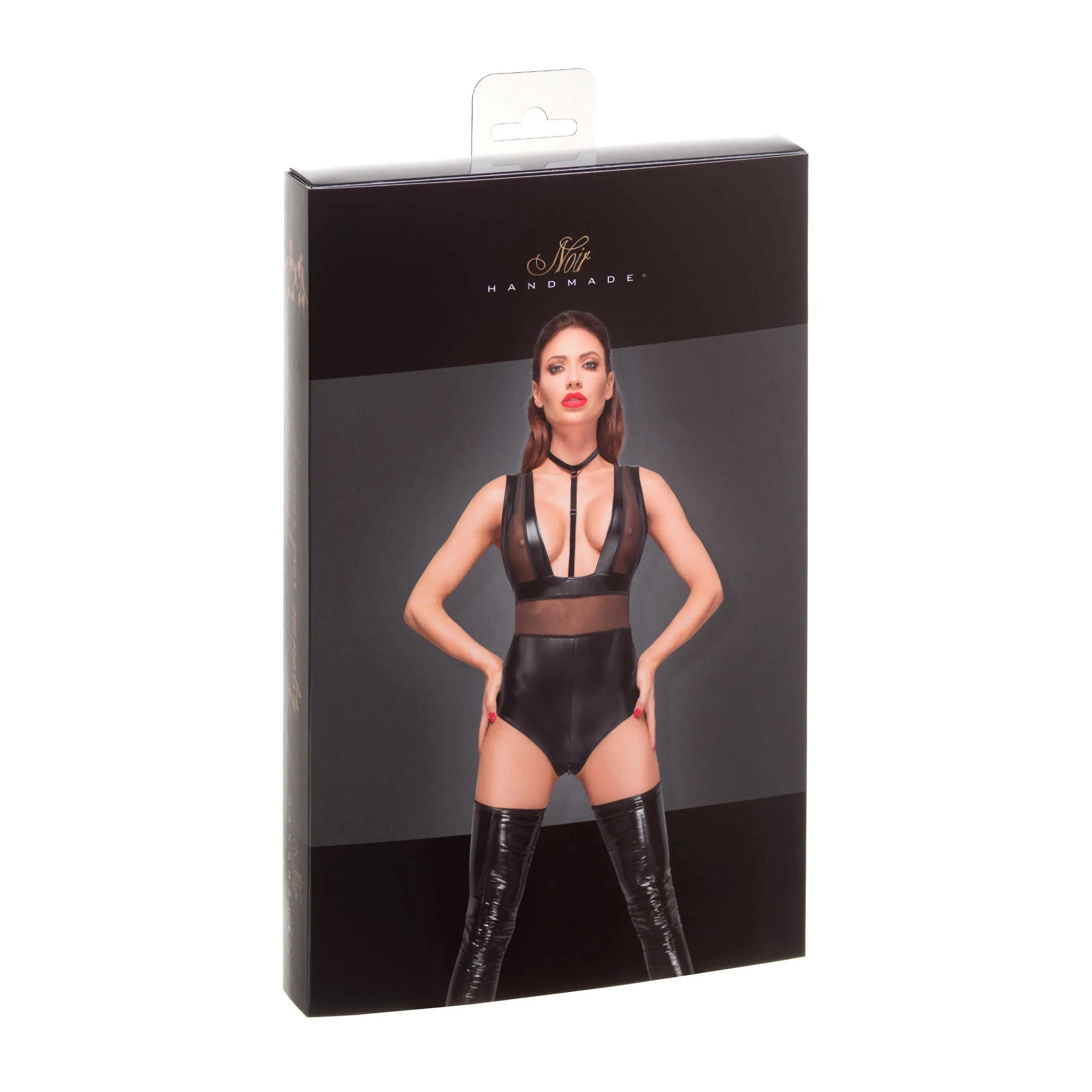 Body noir powerwetlook avec bretelles larges, empiècements tulle transparent, accentue les courbes, allure élégante.
