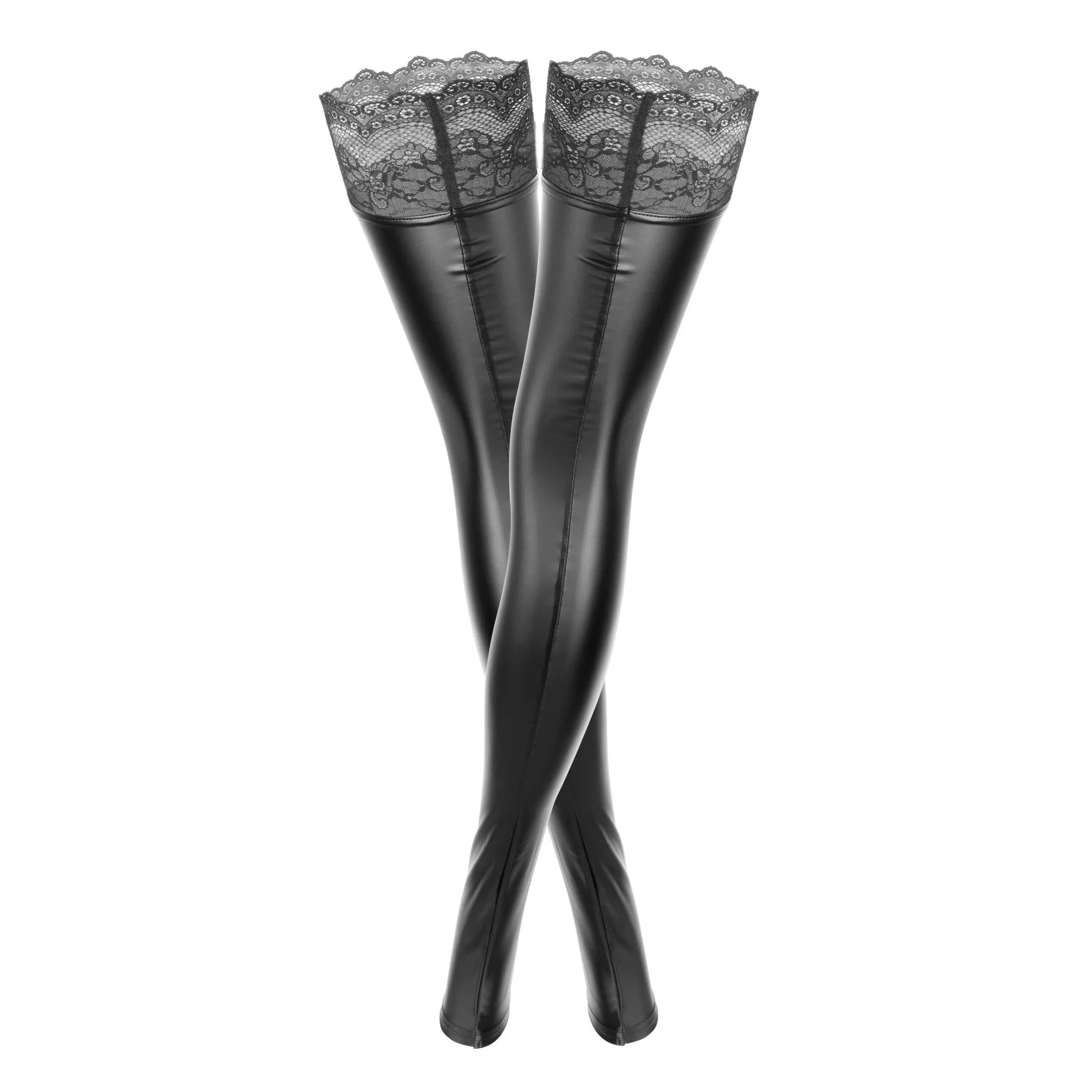 Bas noirs Powerwetlook avec dentelle élastique et finition siliconée, allure séduisante et maintien parfait.