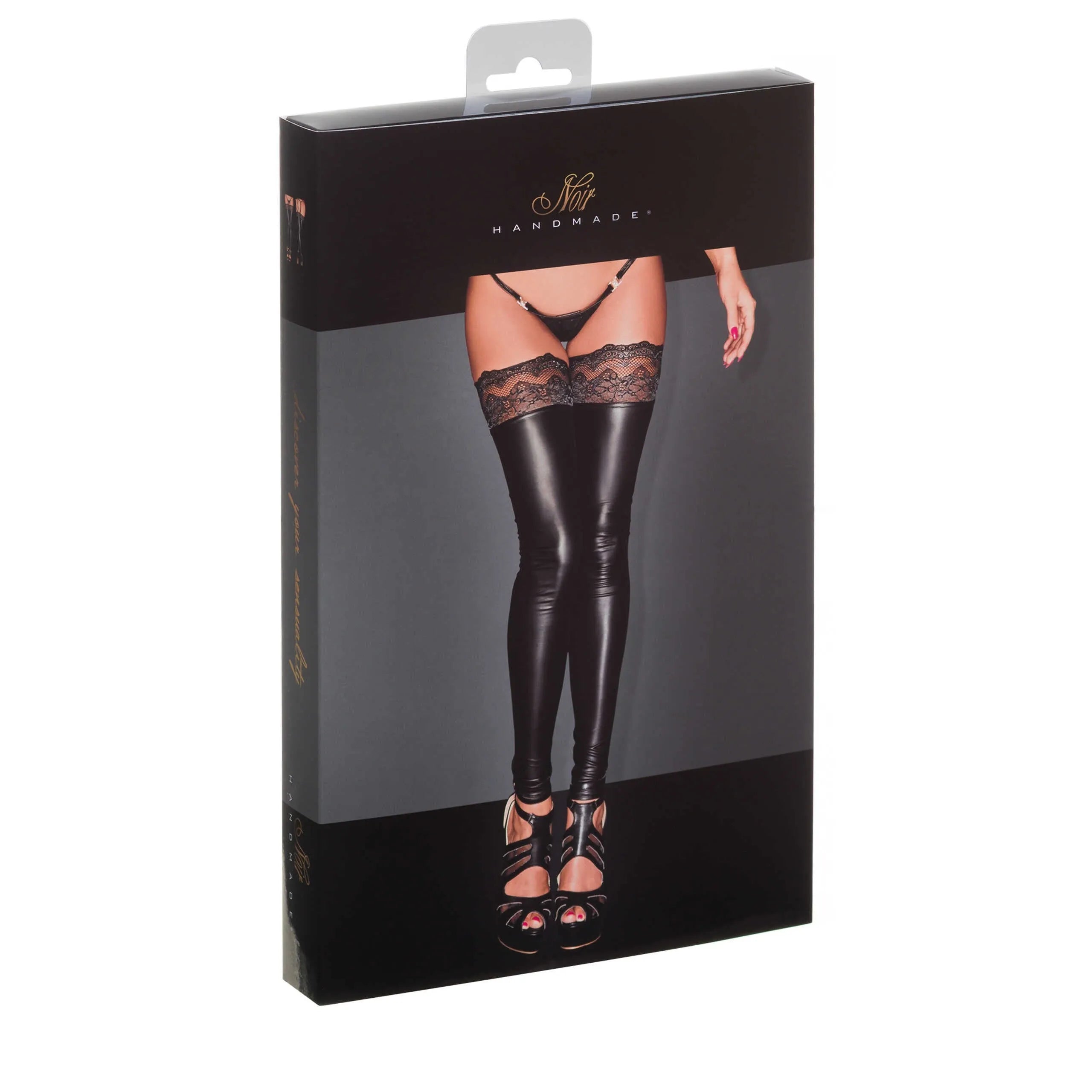 Bas noirs Powerwetlook avec dentelle élastique et finition siliconée, emballage élégant, séduction et confort assurés.