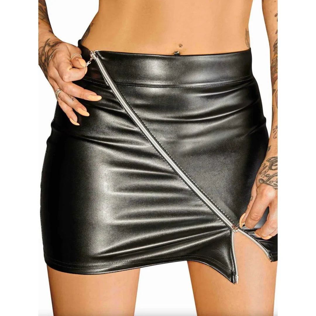 Minijupe sexy faux cuir écologique fermeture éclair argentée double sens