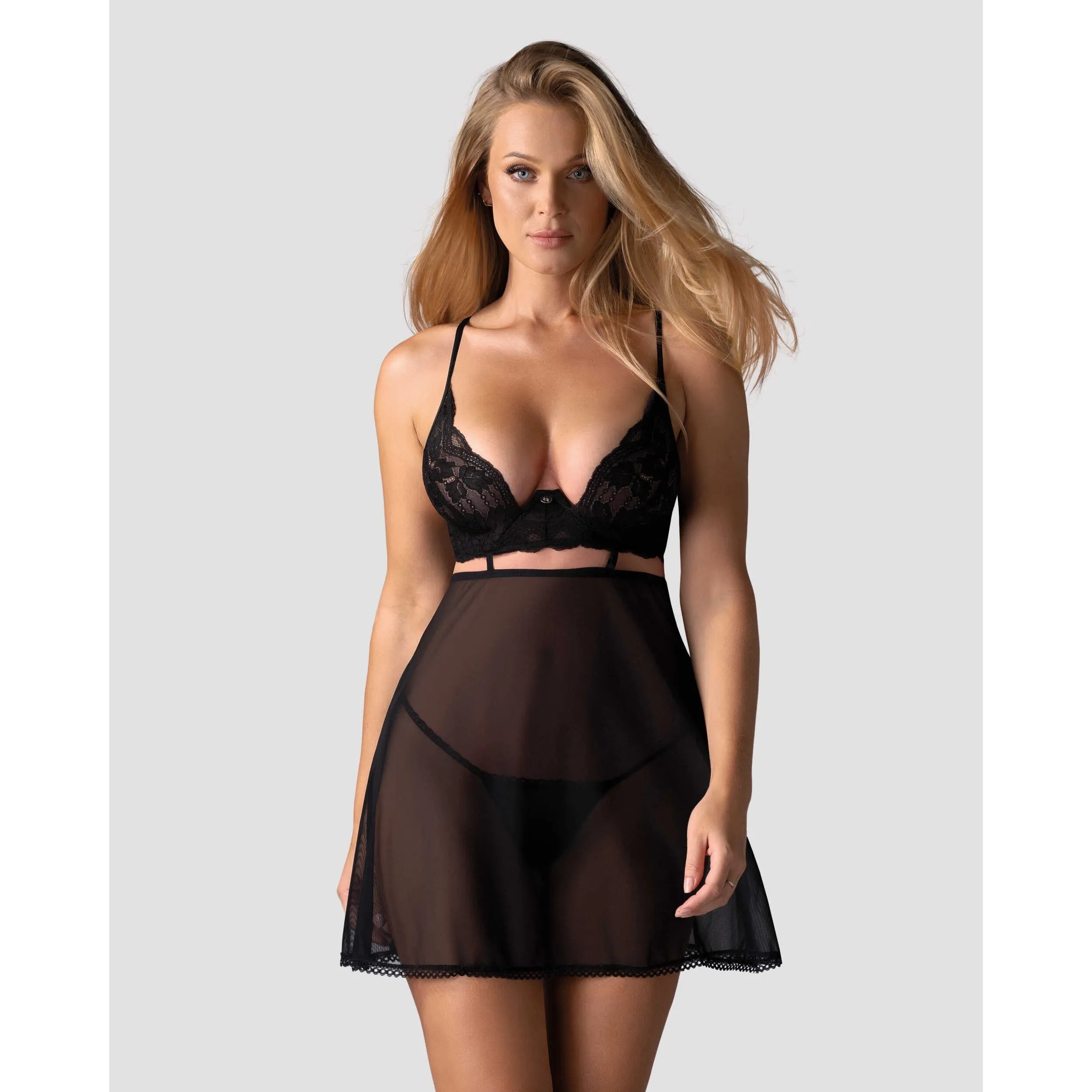 Nutris babydoll string noir dentelle armatures ajustable élégant tissu transparent