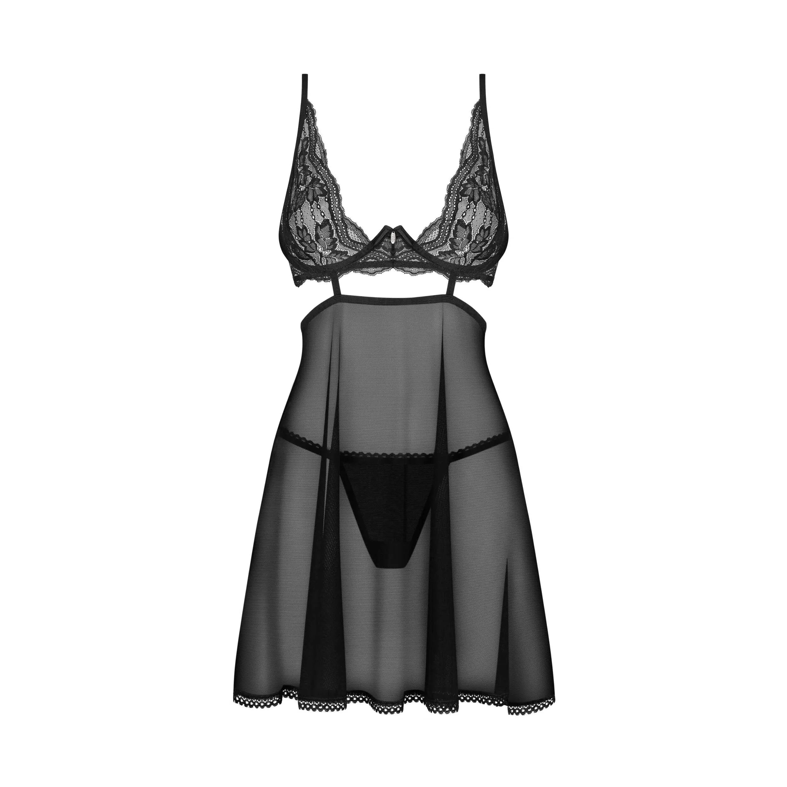 Nutris babydoll string noir dentelle armatures ajustable élégant tissu transparent