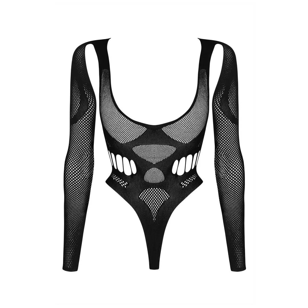 Body noir sexy manches longues, motifs géométriques, idéal pour soirées, style audacieux et élégant.
