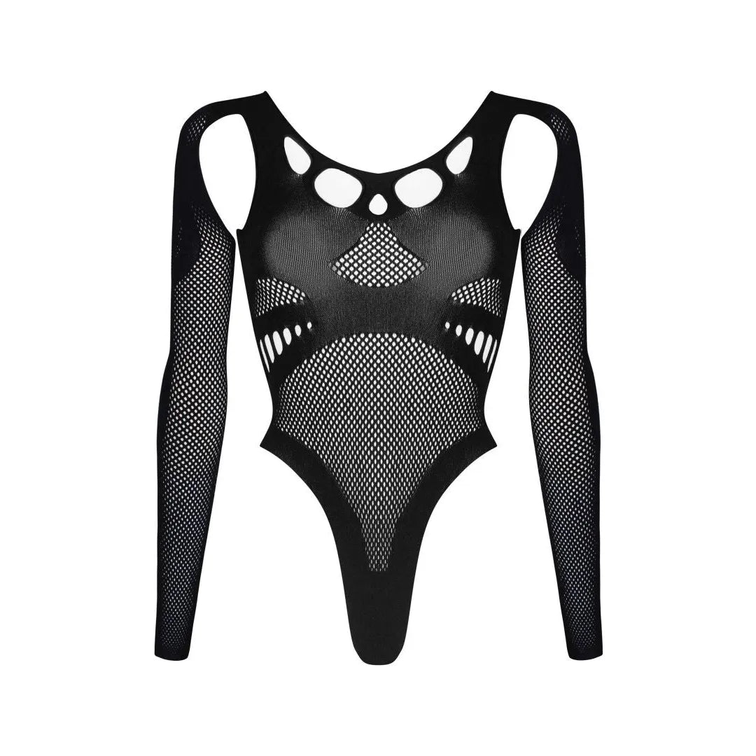 Body noir sexy manches longues motifs géométriques fête soirée