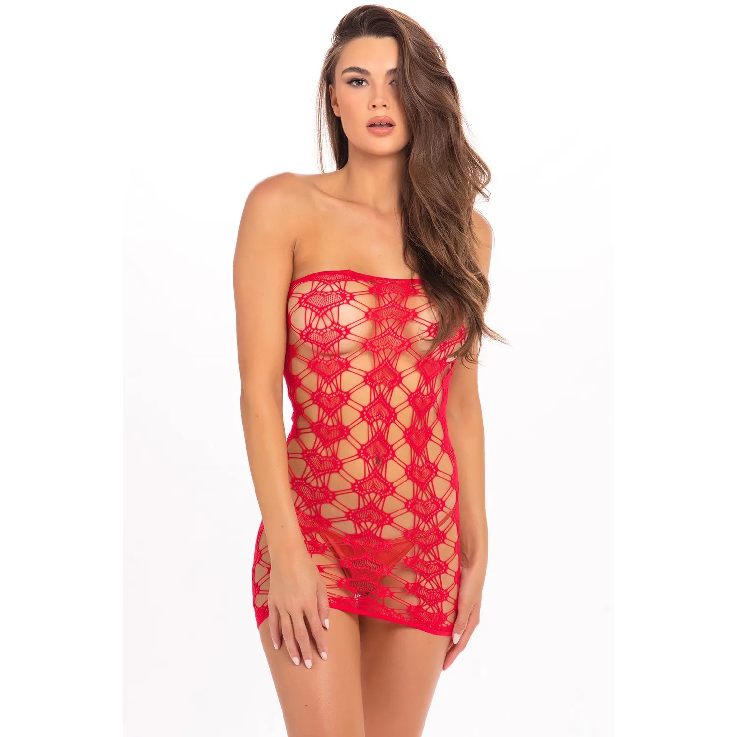 Robe tube rouge maille élastique cœur brodé épaules dénudées sexy