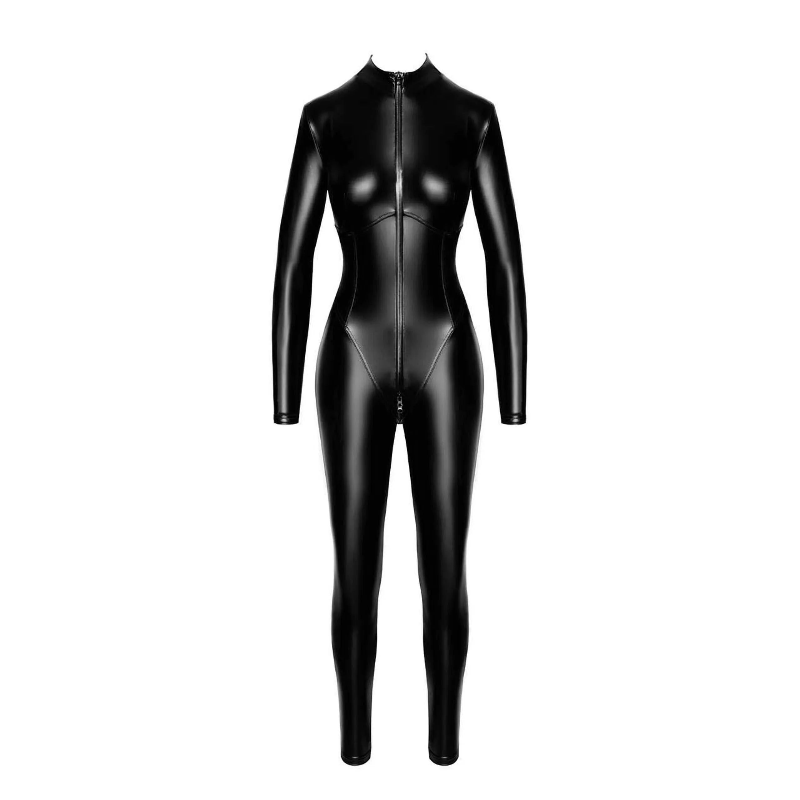 Combinaison femme noire wetlook élastique, fermeture éclair frontale, design moderne et élégant, silhouette sublimée.