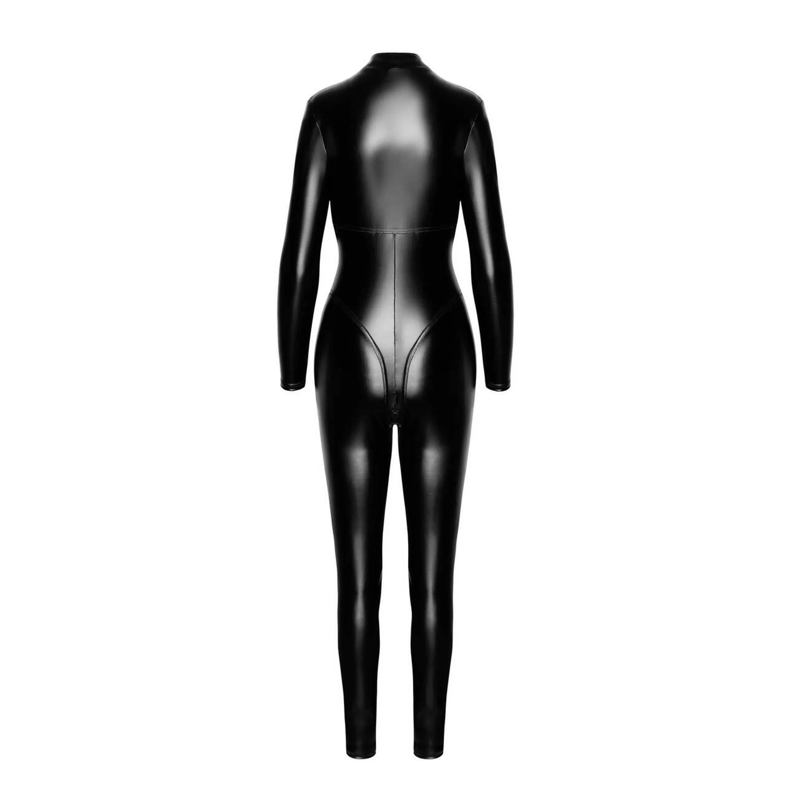 Combinaison femme noire wetlook élastique, fermeture éclair, coupe ajustée, style moderne et audacieux.