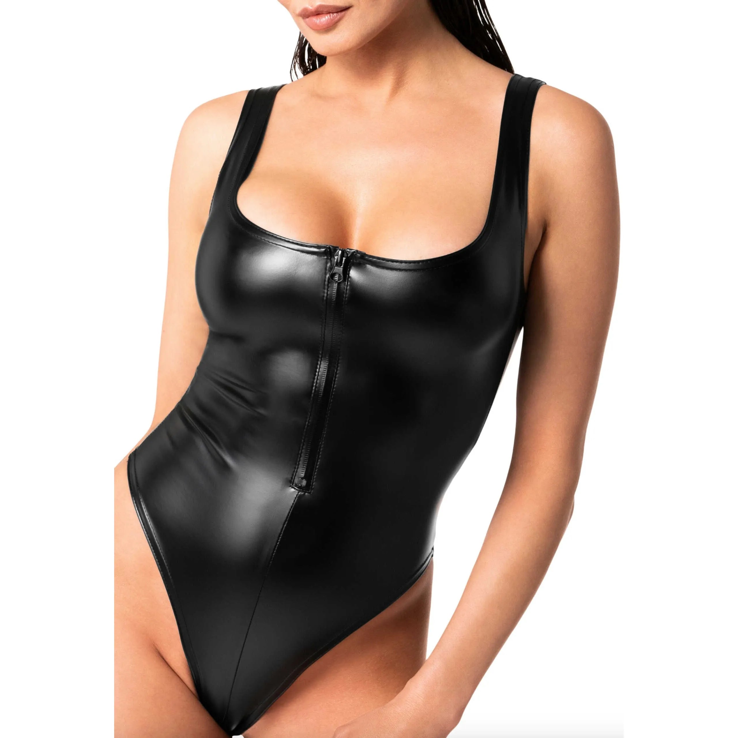 Body noir brillant Power Wetlook avec fermeture éclair avant, coupe échancrée, idéal pour soirées élégantes et audacieuses.