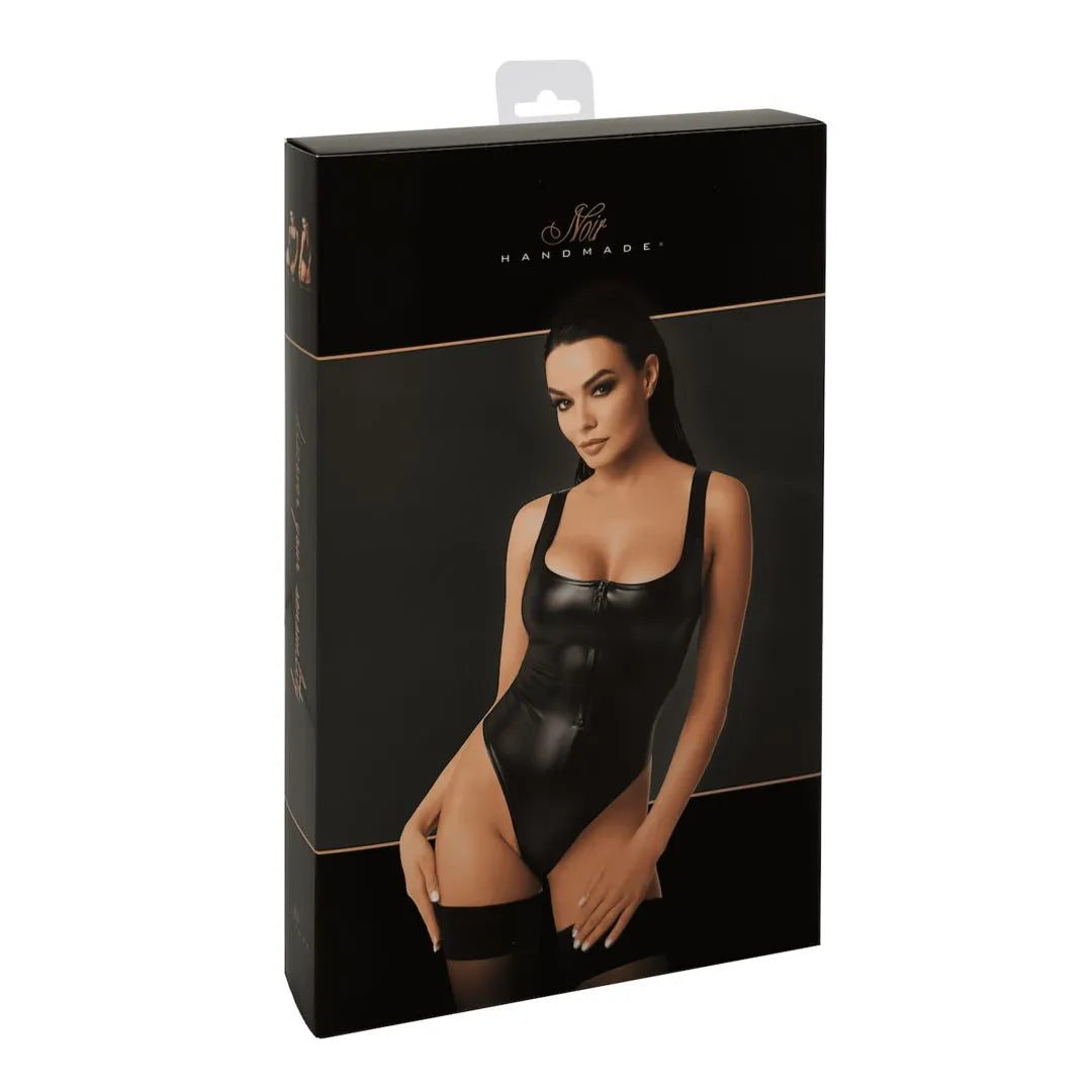 Body noir Power Wetlook élastique avec fermeture éclair avant, style sexy et élégant, idéal pour soirées spéciales.