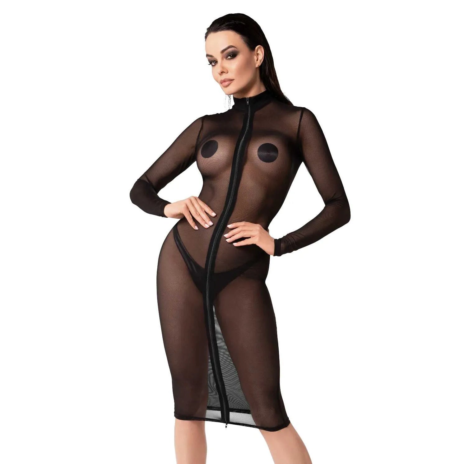 Robe midi transparente élastique maille séduisante fermeture éclair ajustable