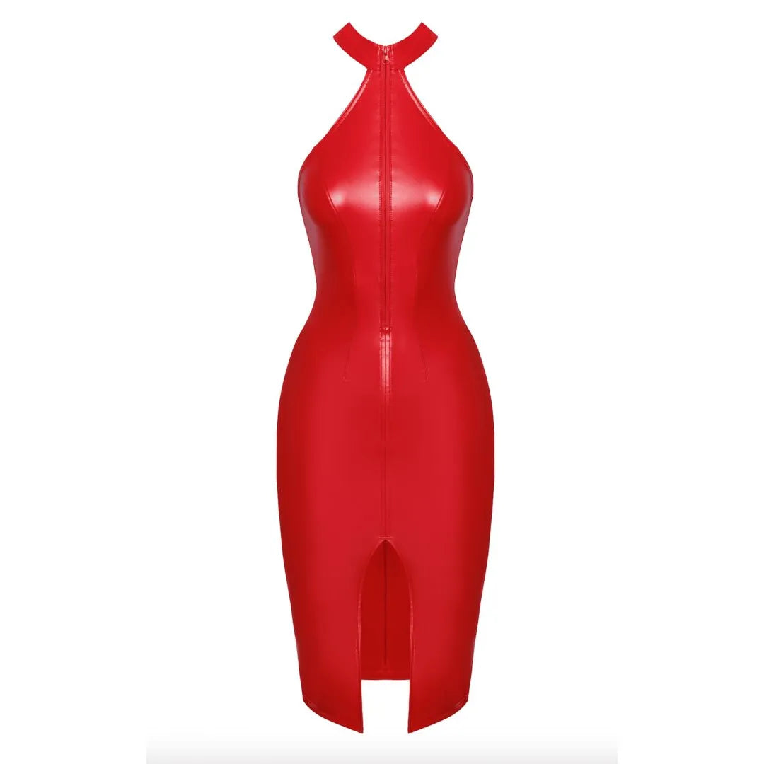 Robe midi rouge wetlook élastique dos nu fermeture éclair soirée audacieuse