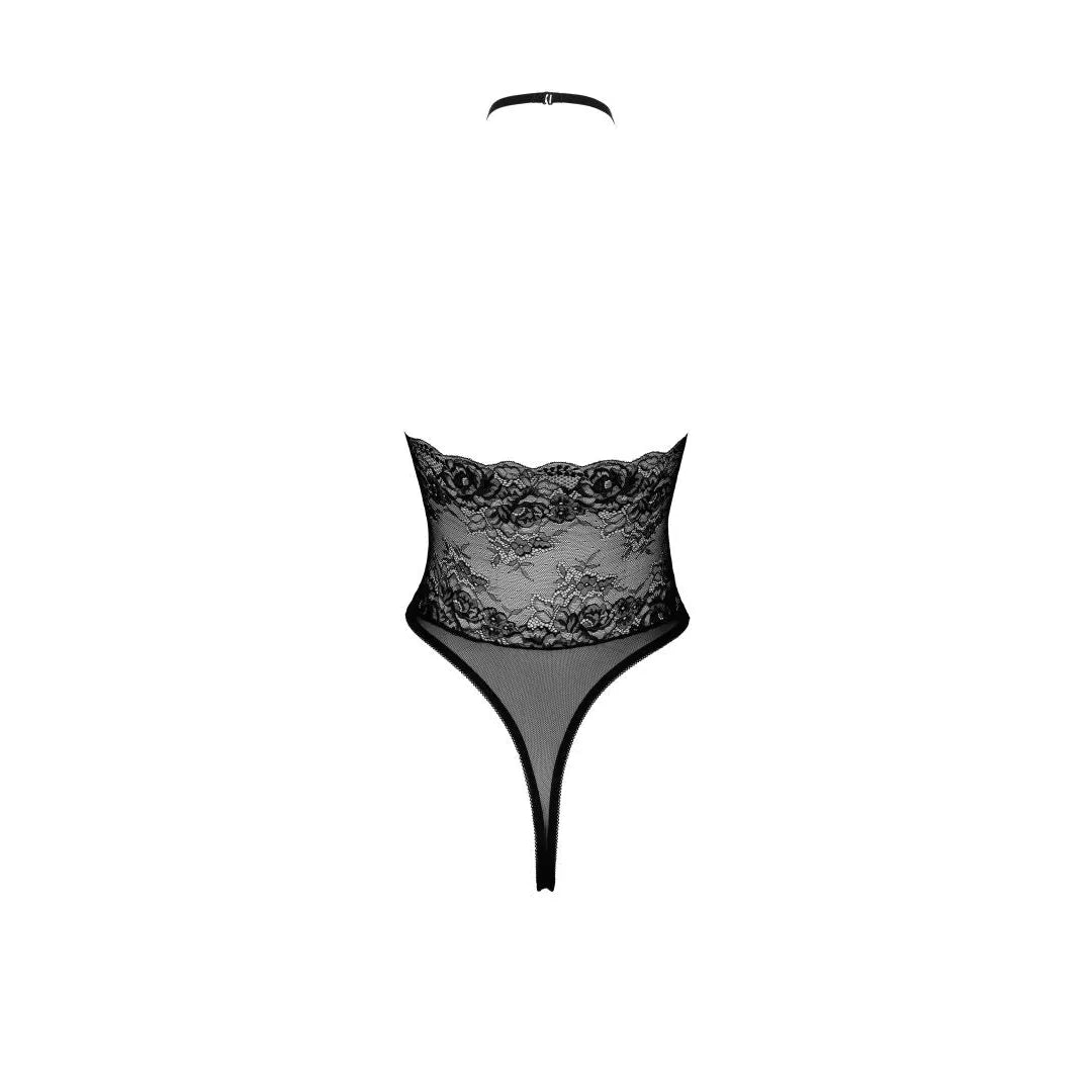Body en dentelle noire avec ruban satin, design élégant et sensuel, parfait pour soirées spéciales.