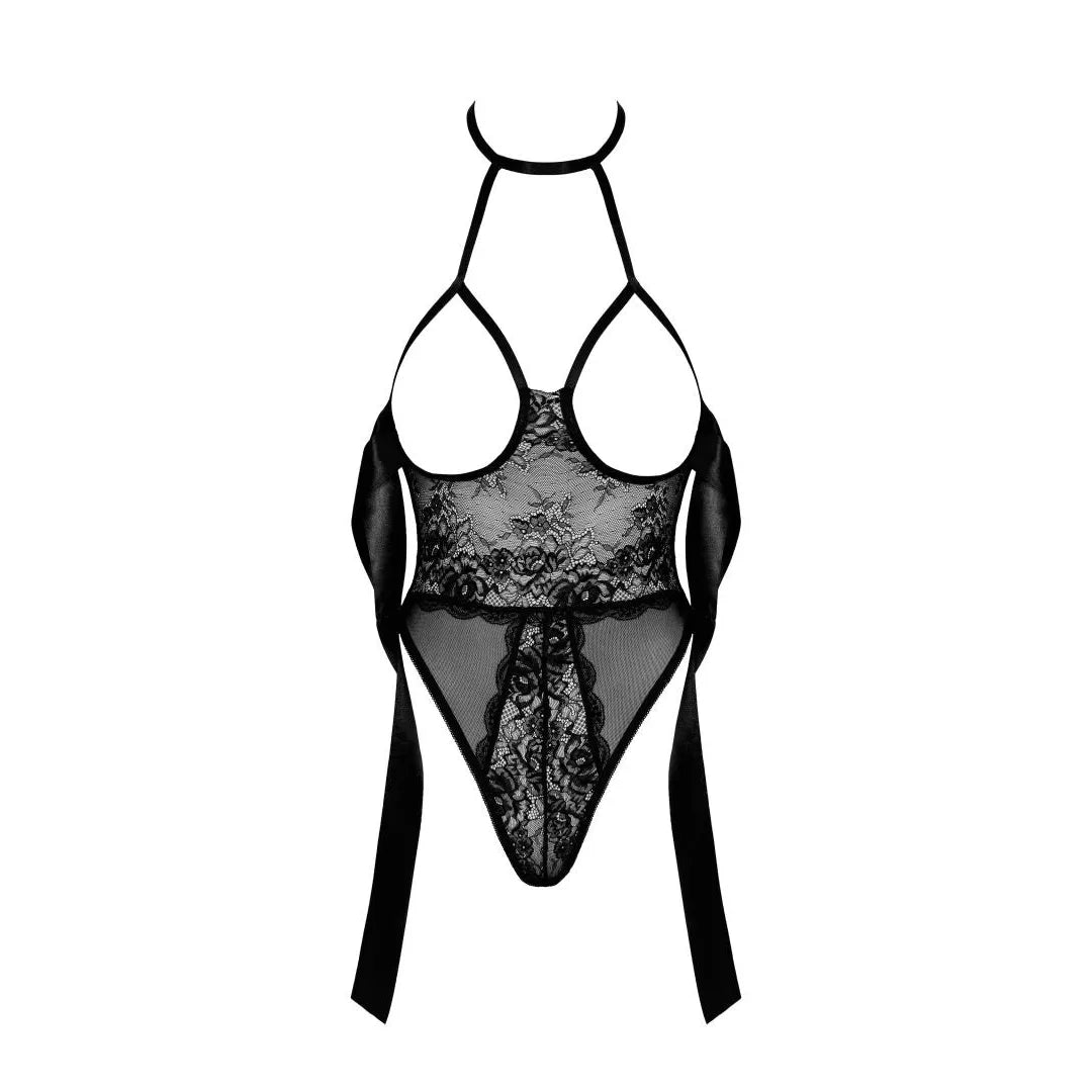 Body dentelle noire avec ruban satin, élégant et sensuel, parfait pour soirées spéciales, mettant en valeur la silhouette.
