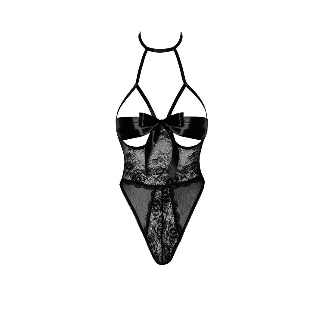 Body dentelle noire avec ruban satin, élégant et sensuel, idéal pour soirées spéciales, mettant en valeur la silhouette.