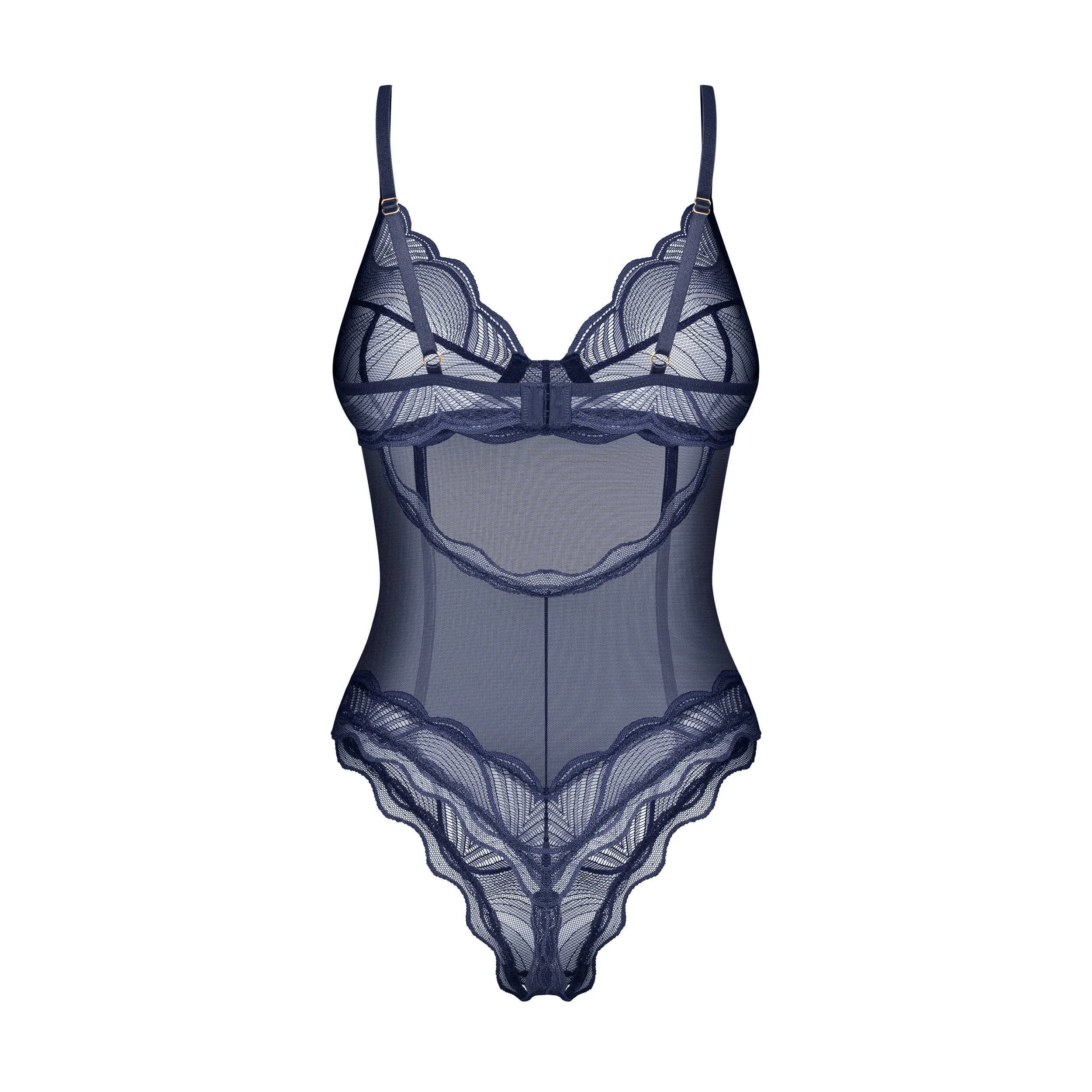 Body bleu marine en maille transparente avec dentelle et armatures, design élégant et sophistiqué pour un soutien optimal.