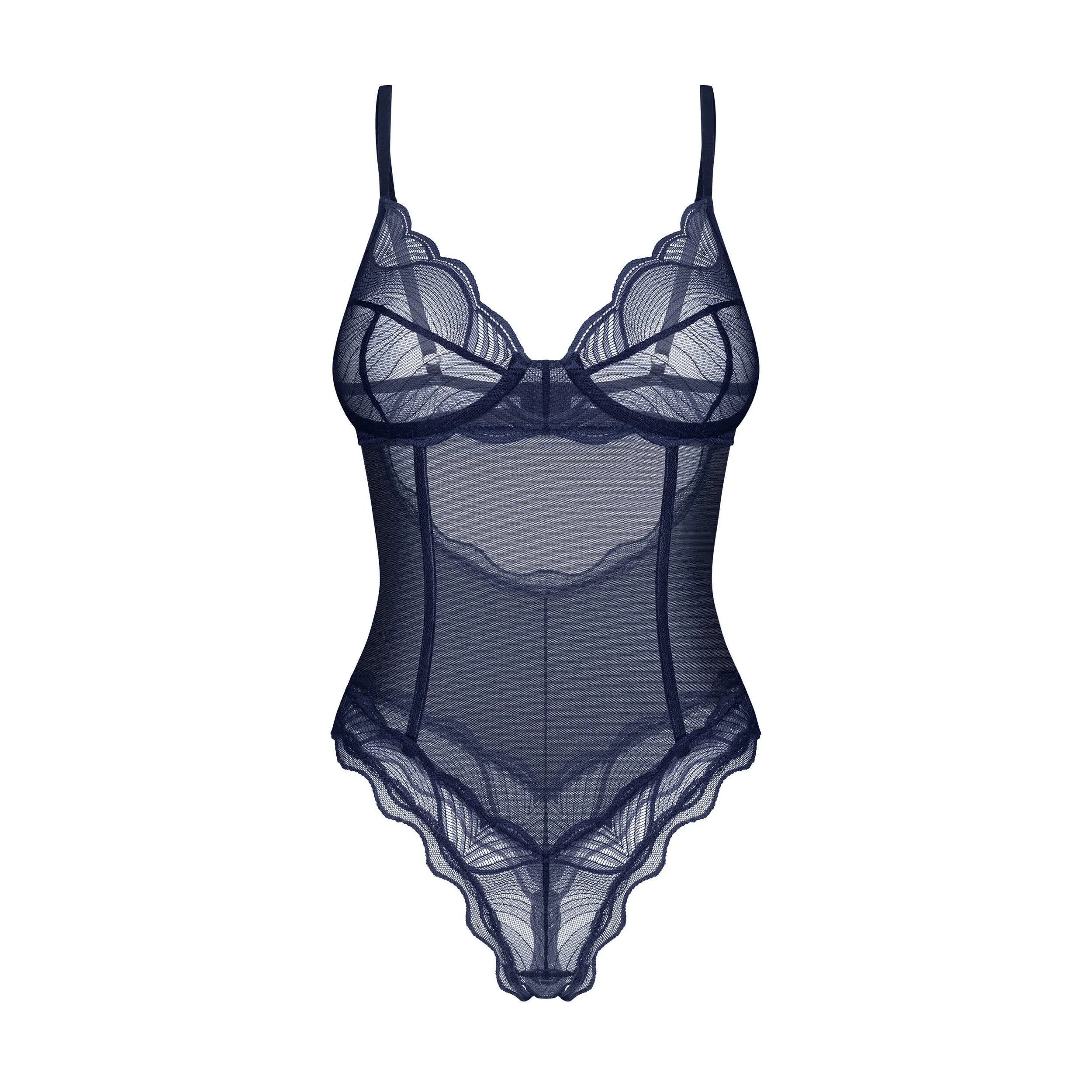 Body bleu marine en dentelle transparente avec armatures, design élégant et audacieux, mettant en valeur les courbes.