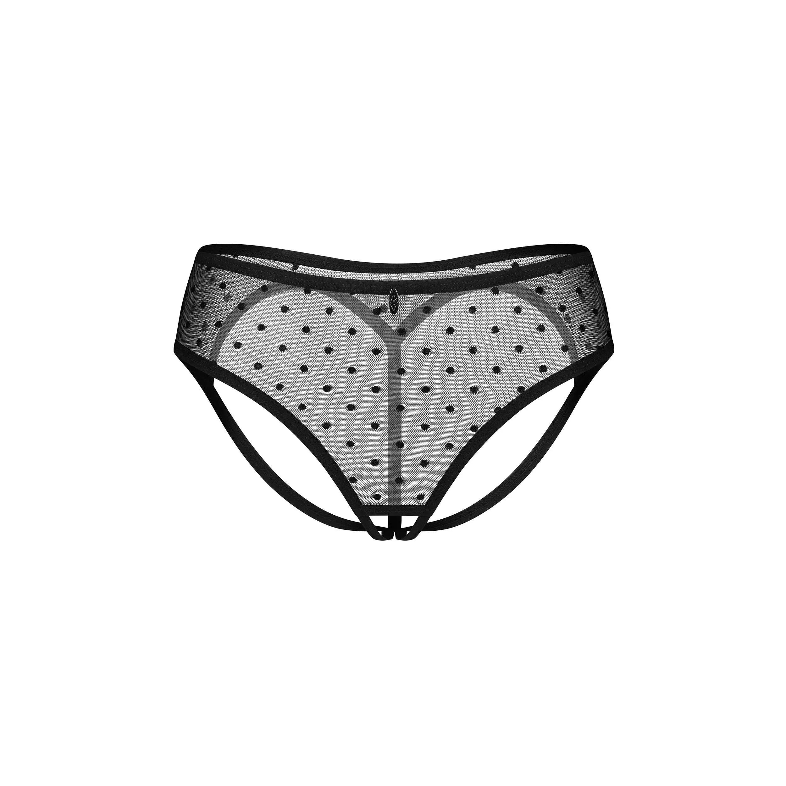 Culotte haute ouverte noire à pois, tissu doux, sangle dorsale séduisante, design moderne et élégant.
