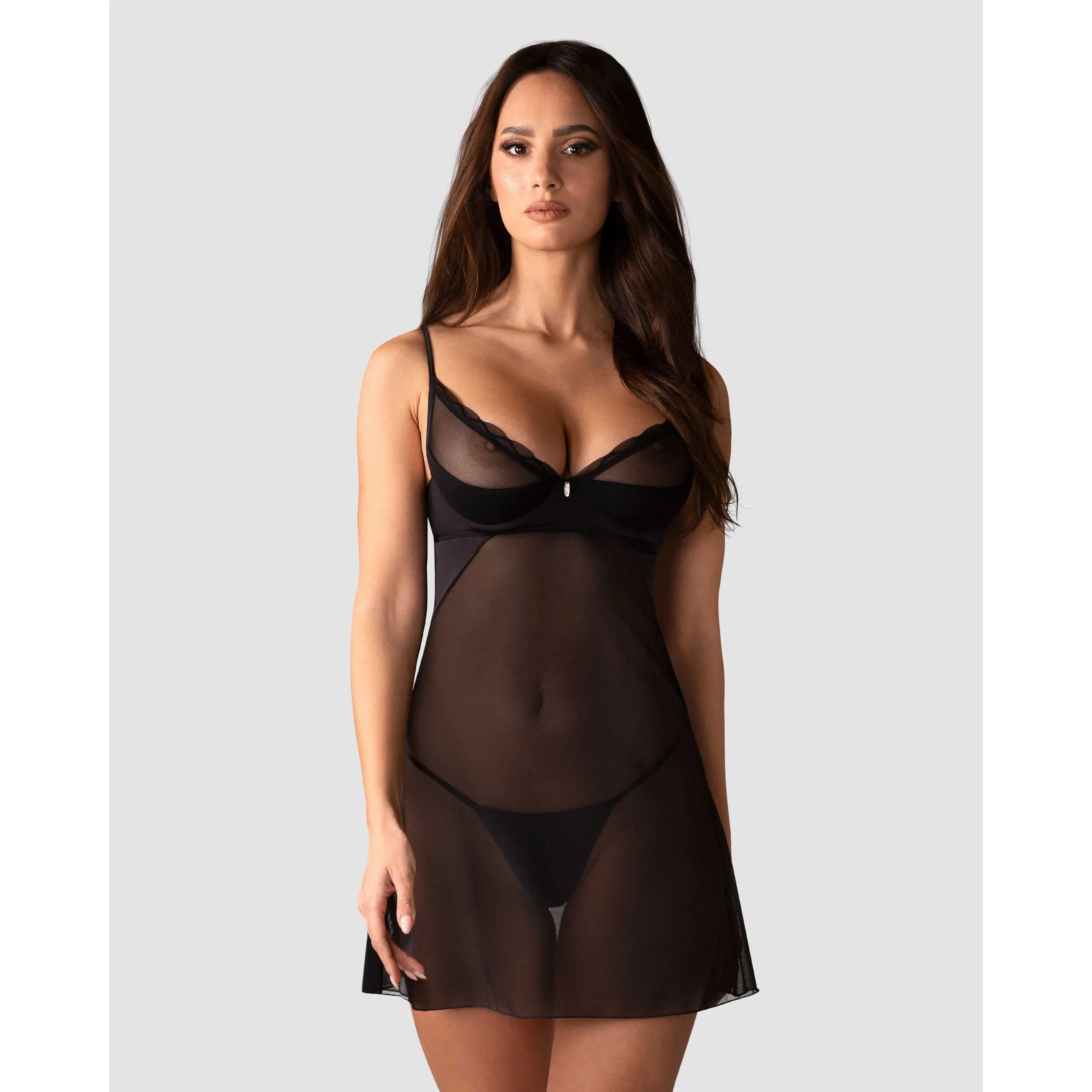 stelisa chemise transparente noire string sexy volants modernes arceau dentelle