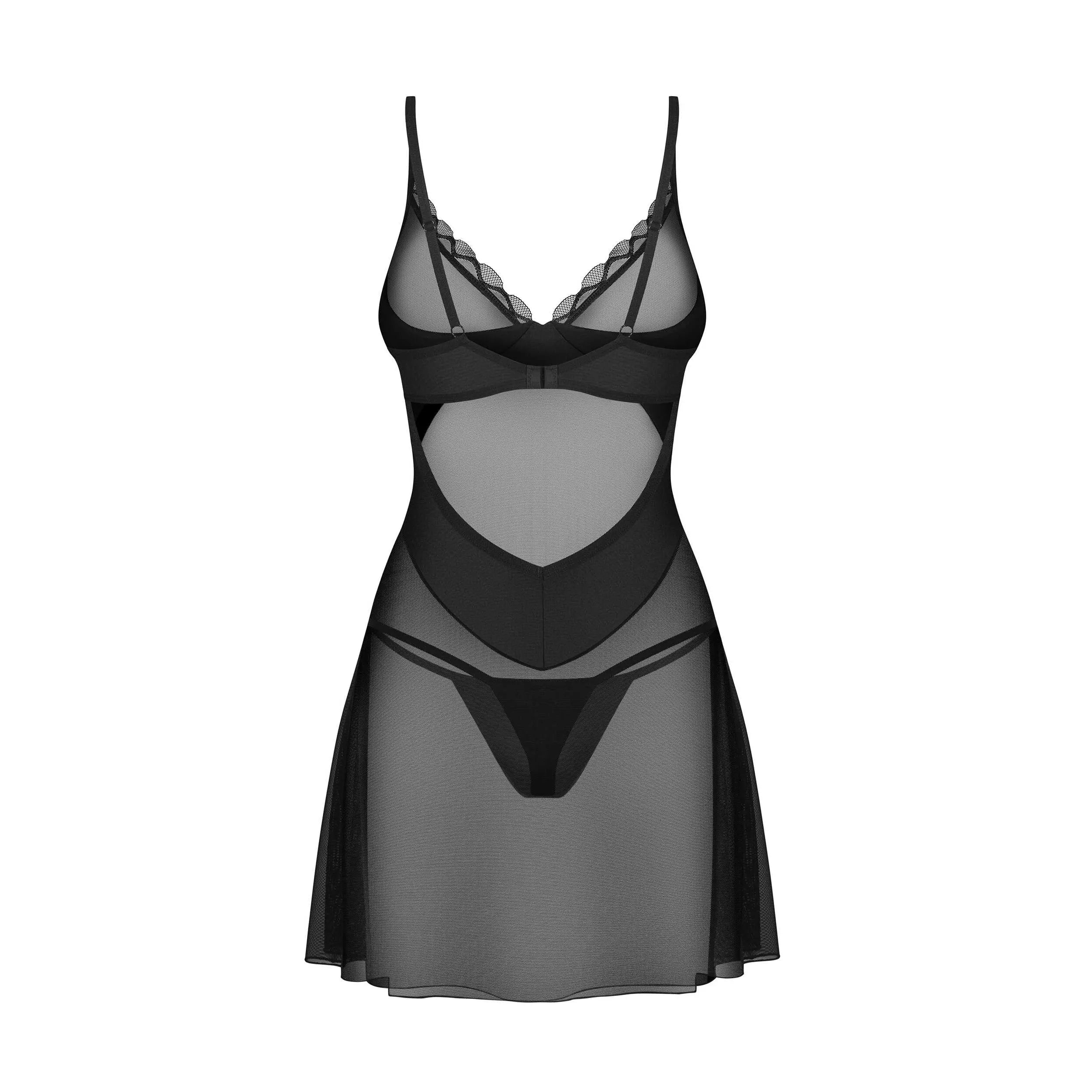 stelisa chemise transparente noire string sexy volants modernes arceau dentelle