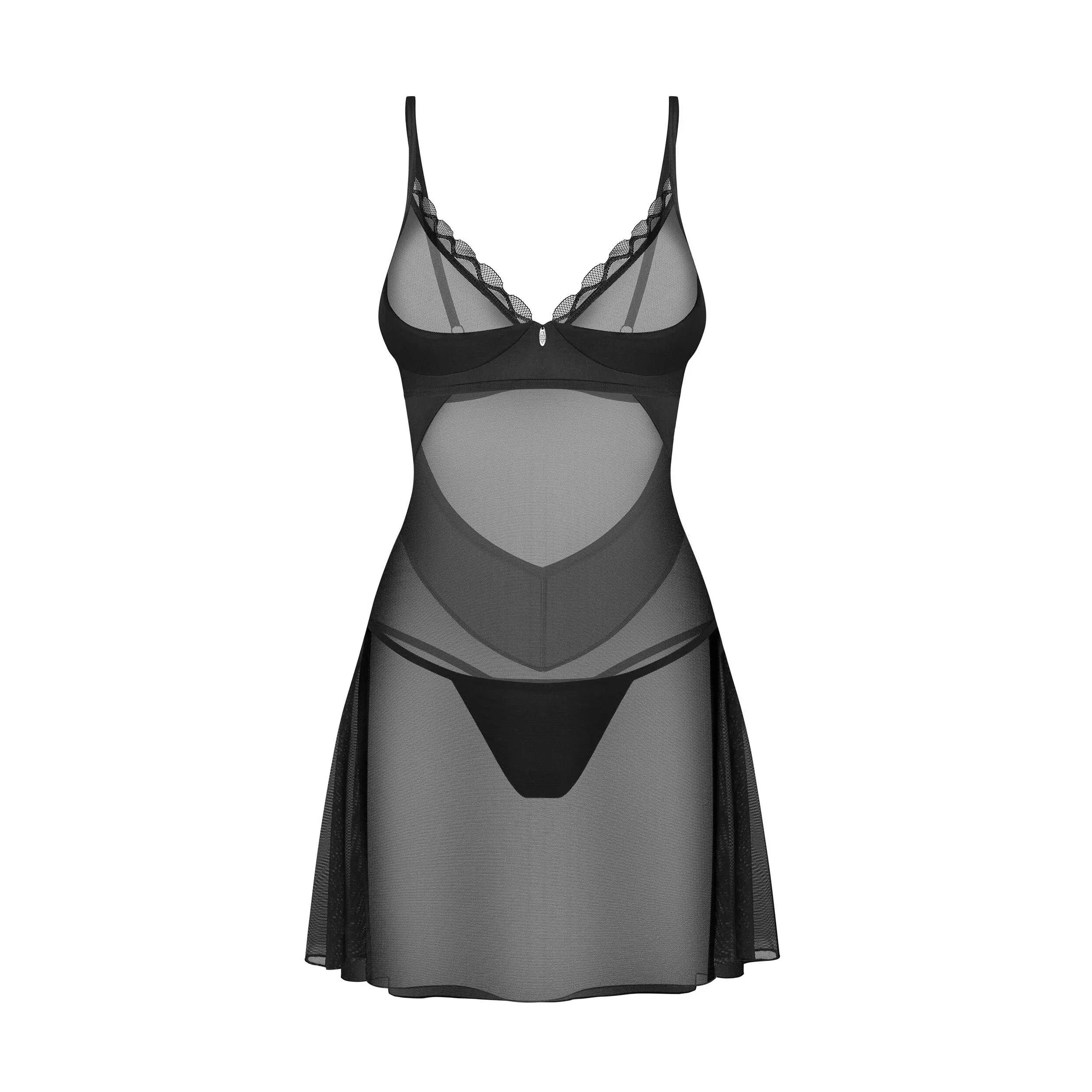 stelisa chemise transparente noire string sexy volants modernes arceau dentelle