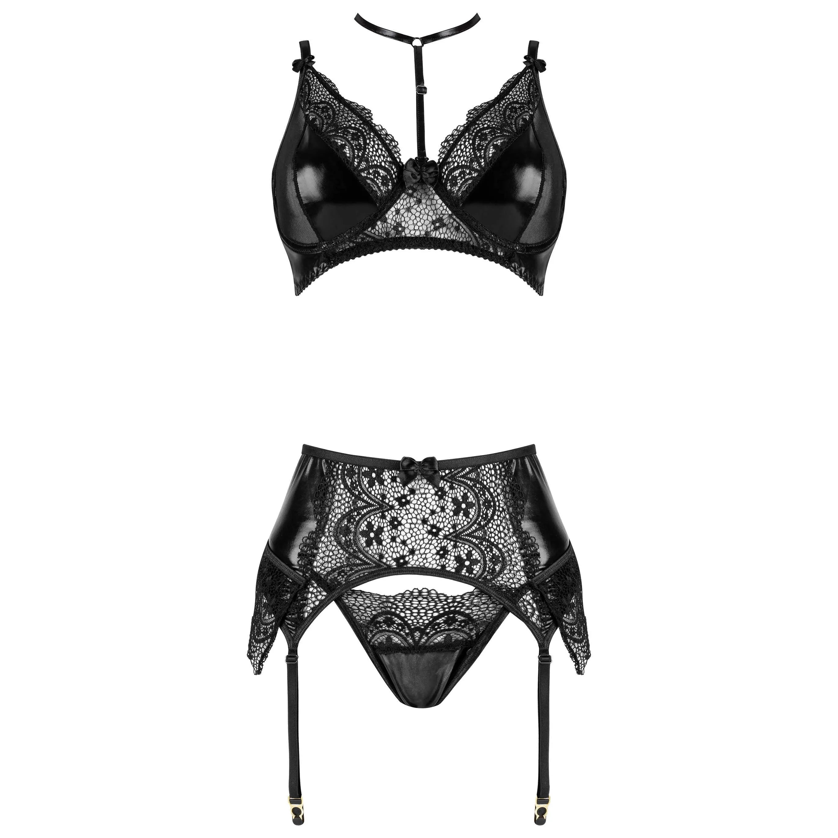 Noir Fantasy lingerie ensemble luxe dentelle laqué femmes cadeau séduisant