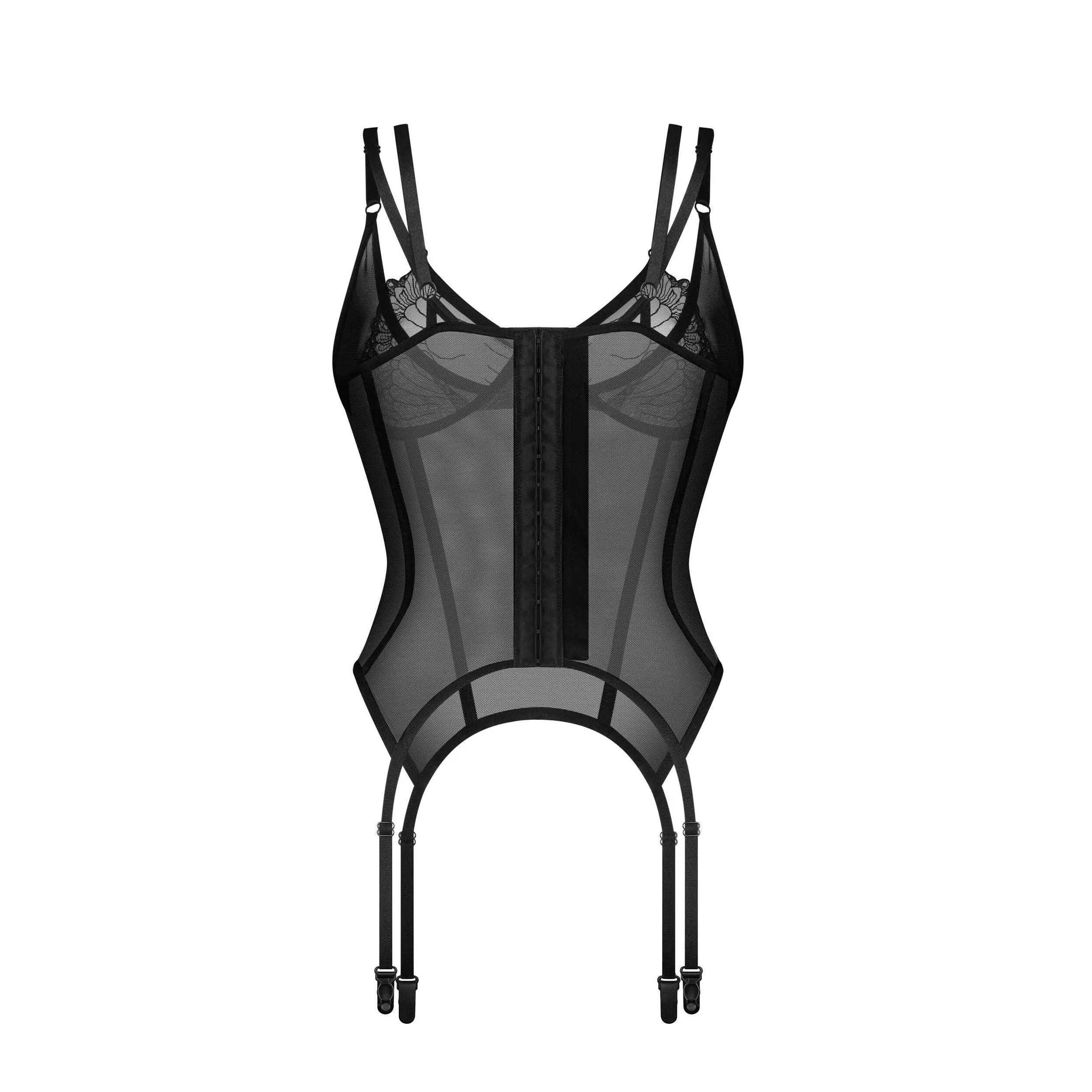 Corset noir transparent avec dentelle, armature ajustable, bretelles réglables, design élégant pour sublimer la silhouette.