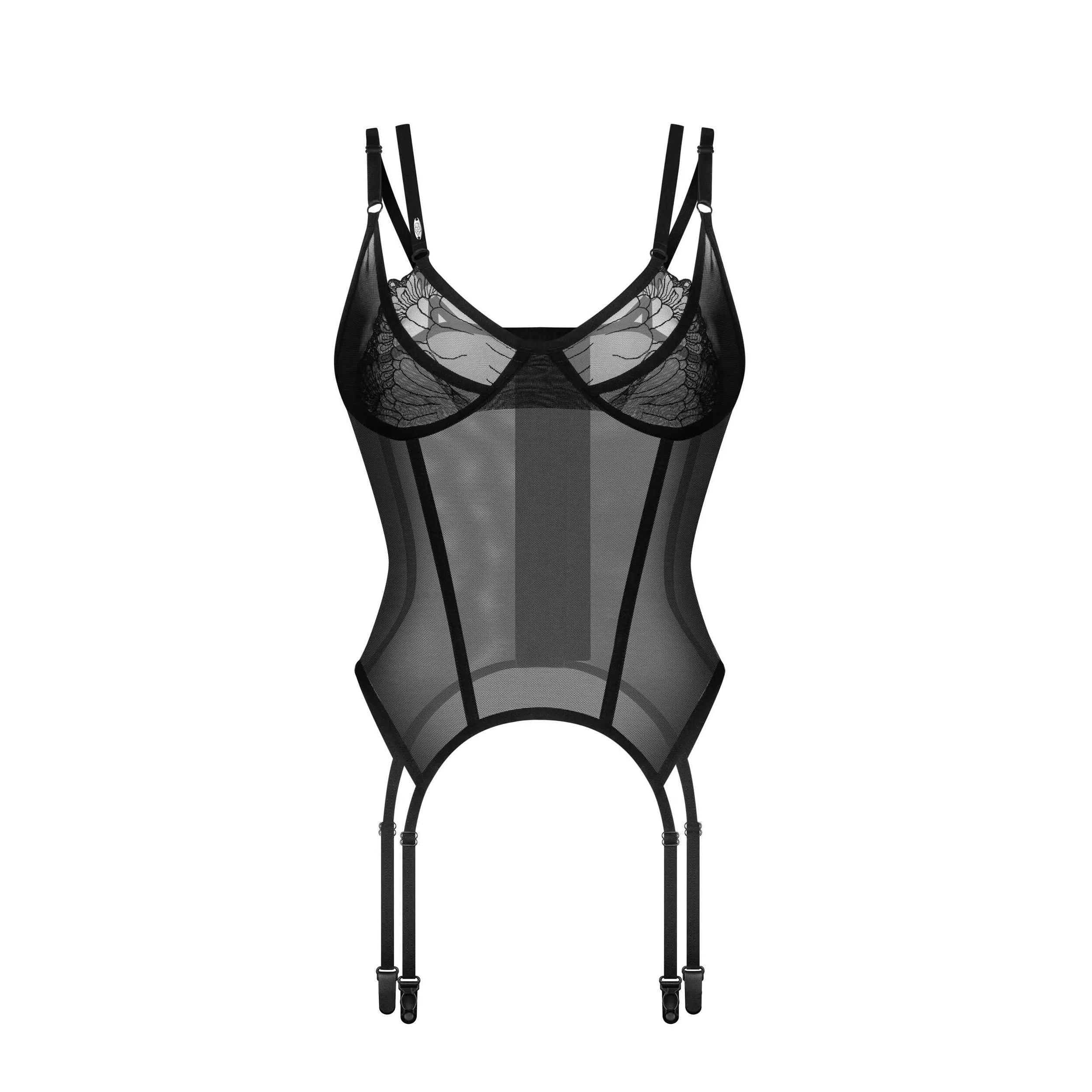 Corset noir transparent avec dentelle délicate et armature ajustable, bretelles fines, design élégant et séduisant.