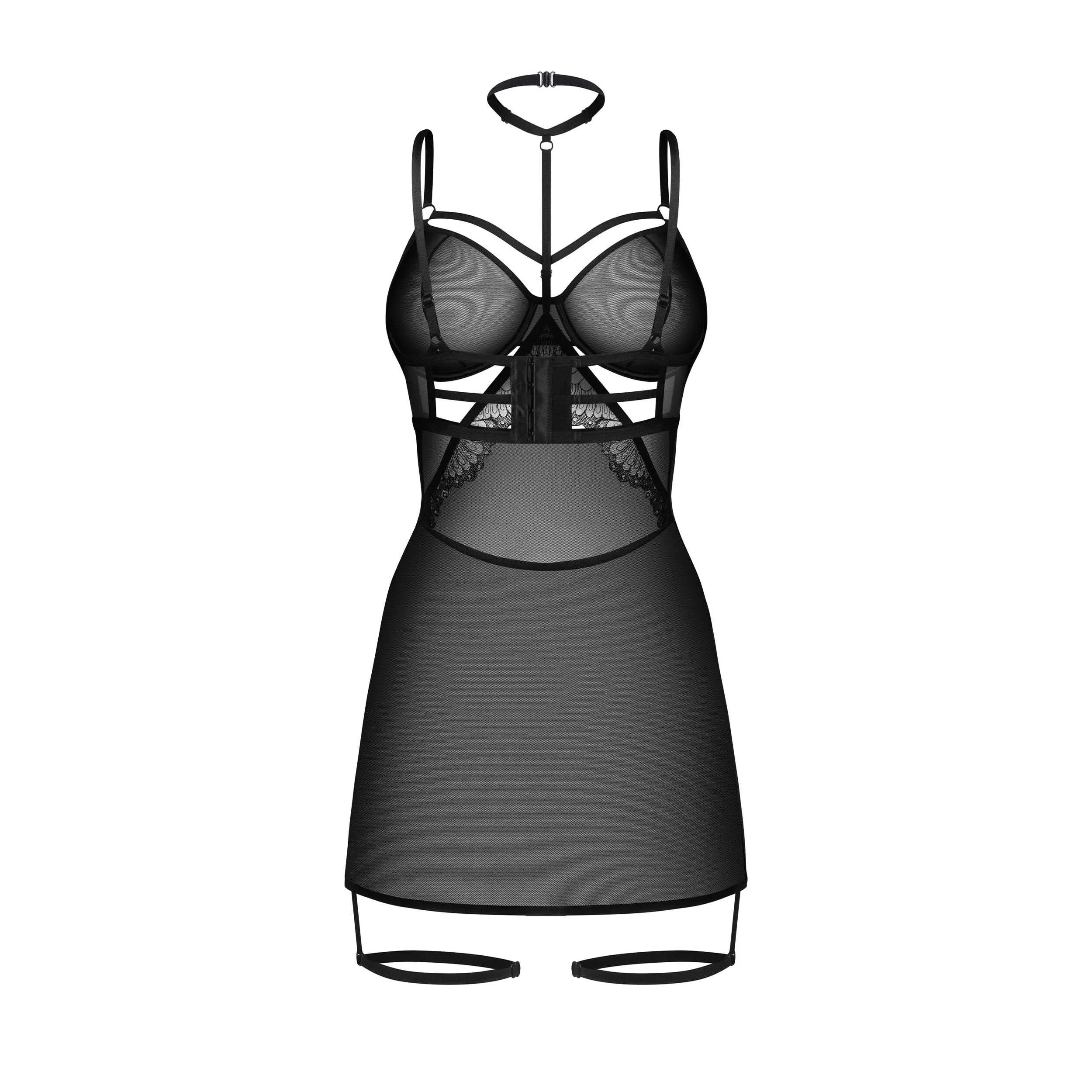 Nuisette noire transparente avec dentelle, lanières décoratives, choker, et sangles réglables pour un ajustement parfait.