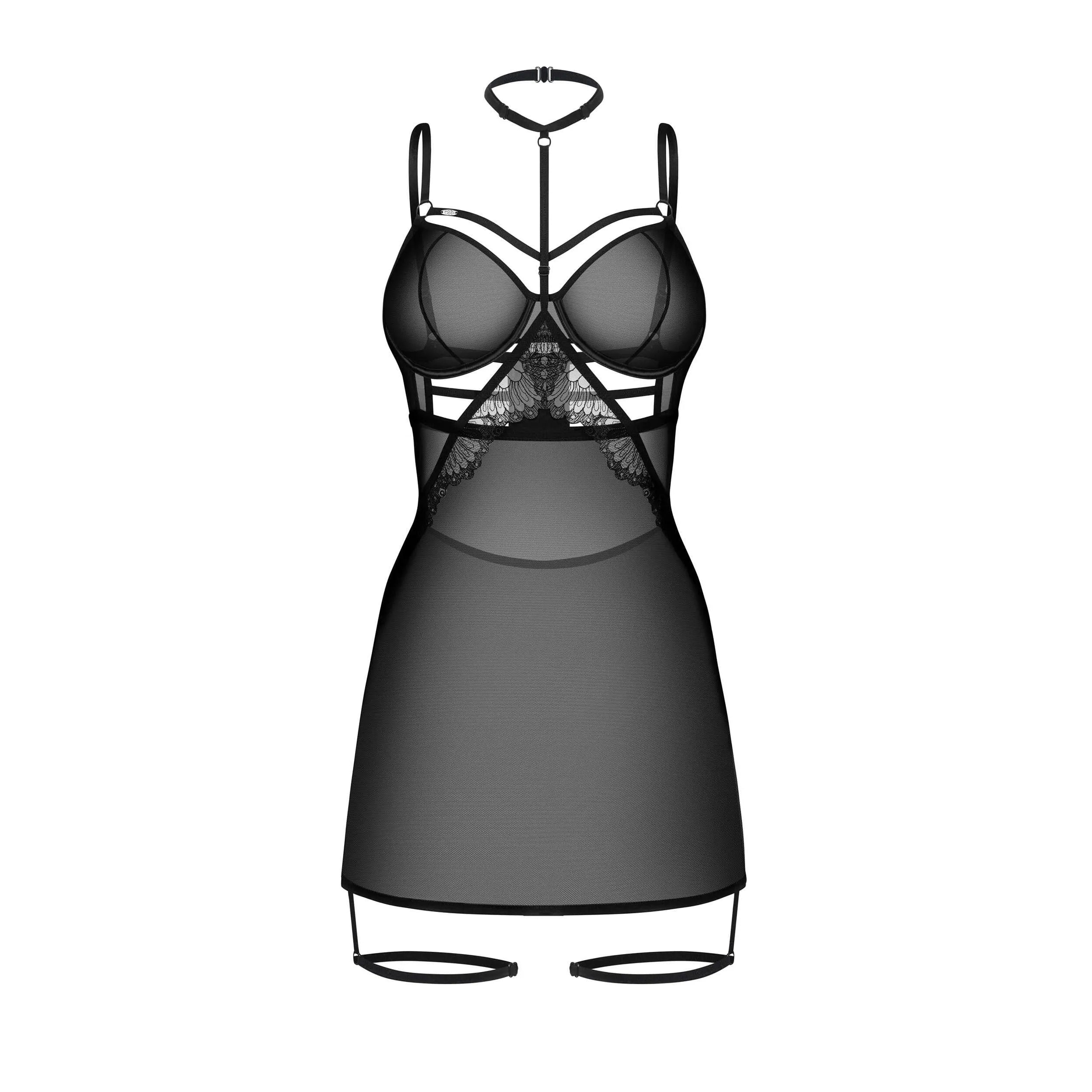 Nuisette noire transparente avec dentelle, lanières décoratives, choker, sangles réglables et armature pour ajustement par...