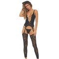 Bodystocking résille florale noire ouvert entrejambe noeud rouge satiné arrière