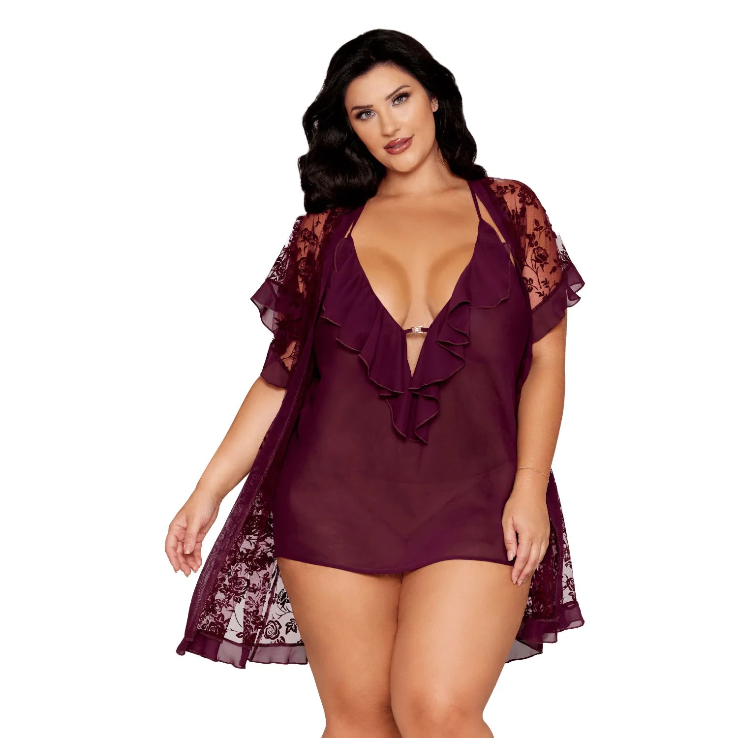 Nuisette peignoir grande taille volants dentelle florale nylon aubergine