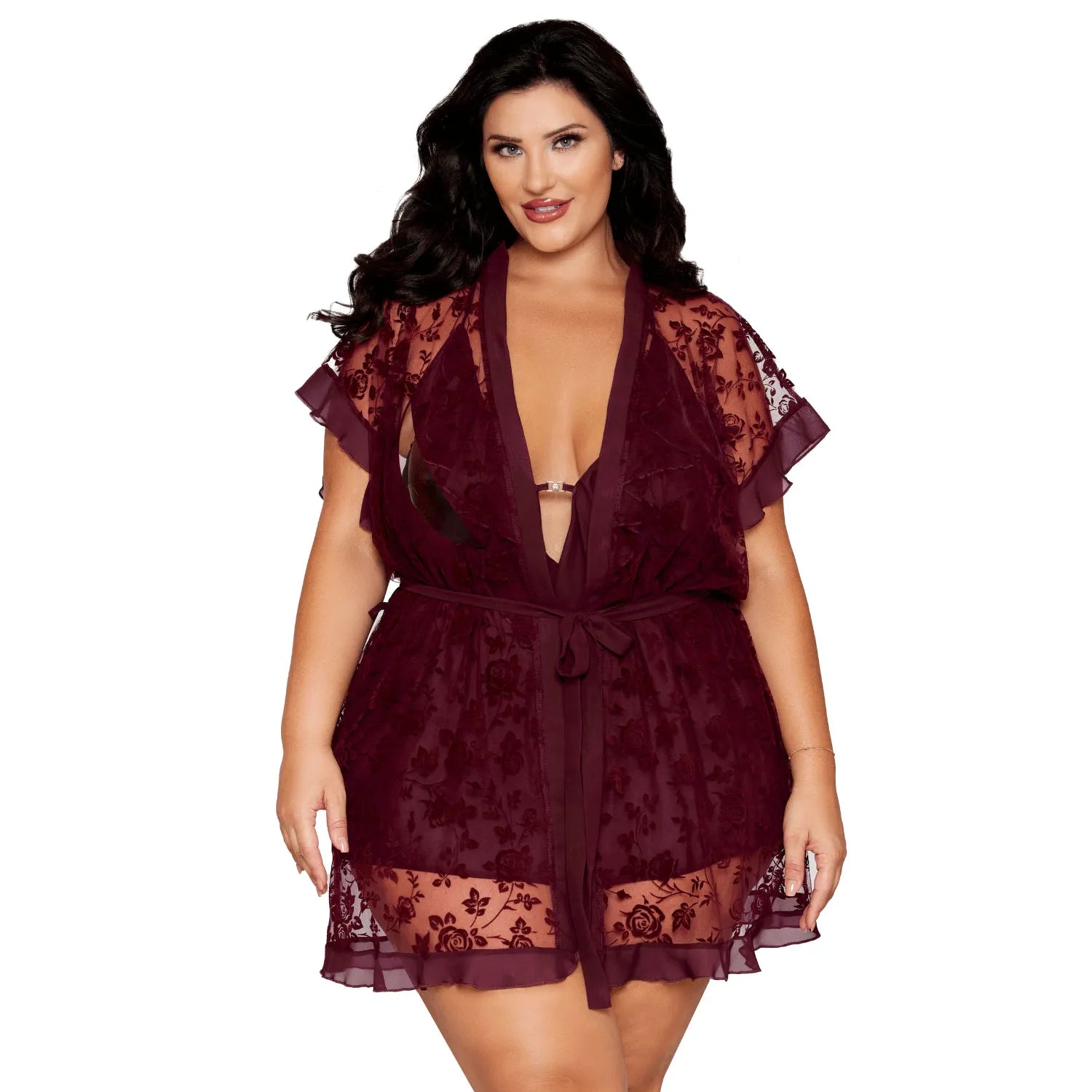 Nuisette peignoir grande taille volants dentelle florale nylon aubergine