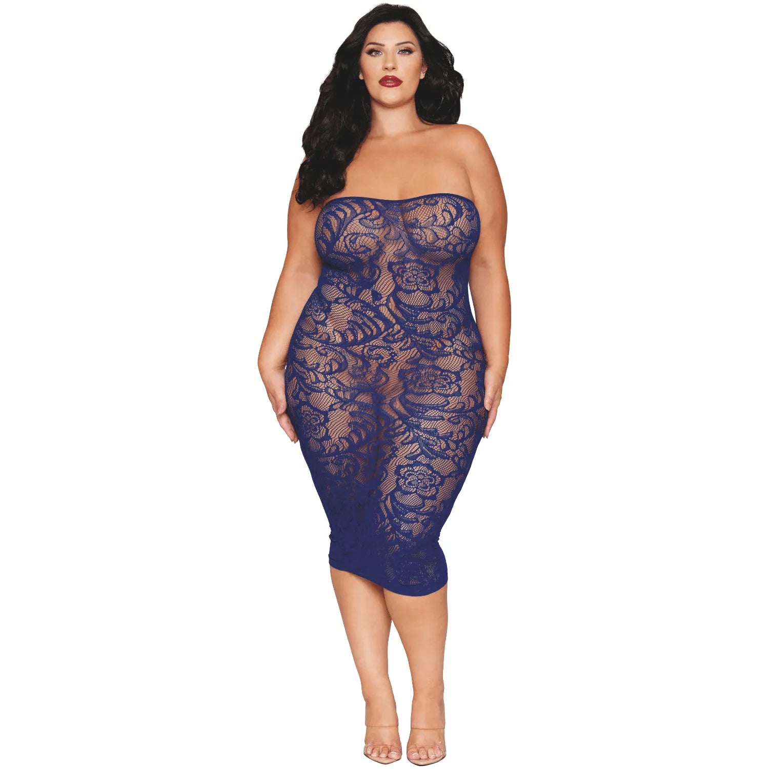 Ensemble 2 pièces grande taille robe bleu marine top manches longues nylon spandex