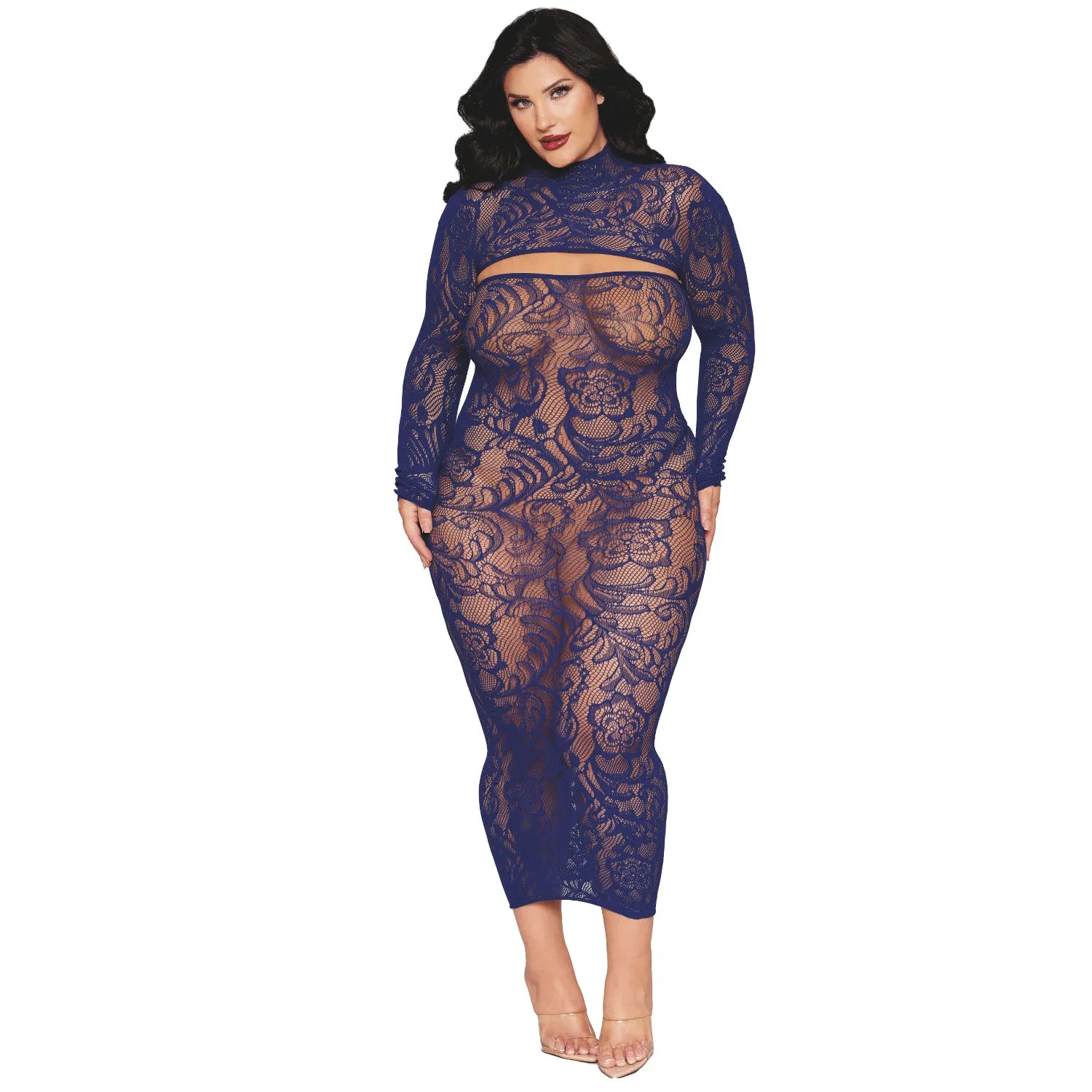 Ensemble 2 pièces grande taille robe bleu marine top manches longues nylon spandex