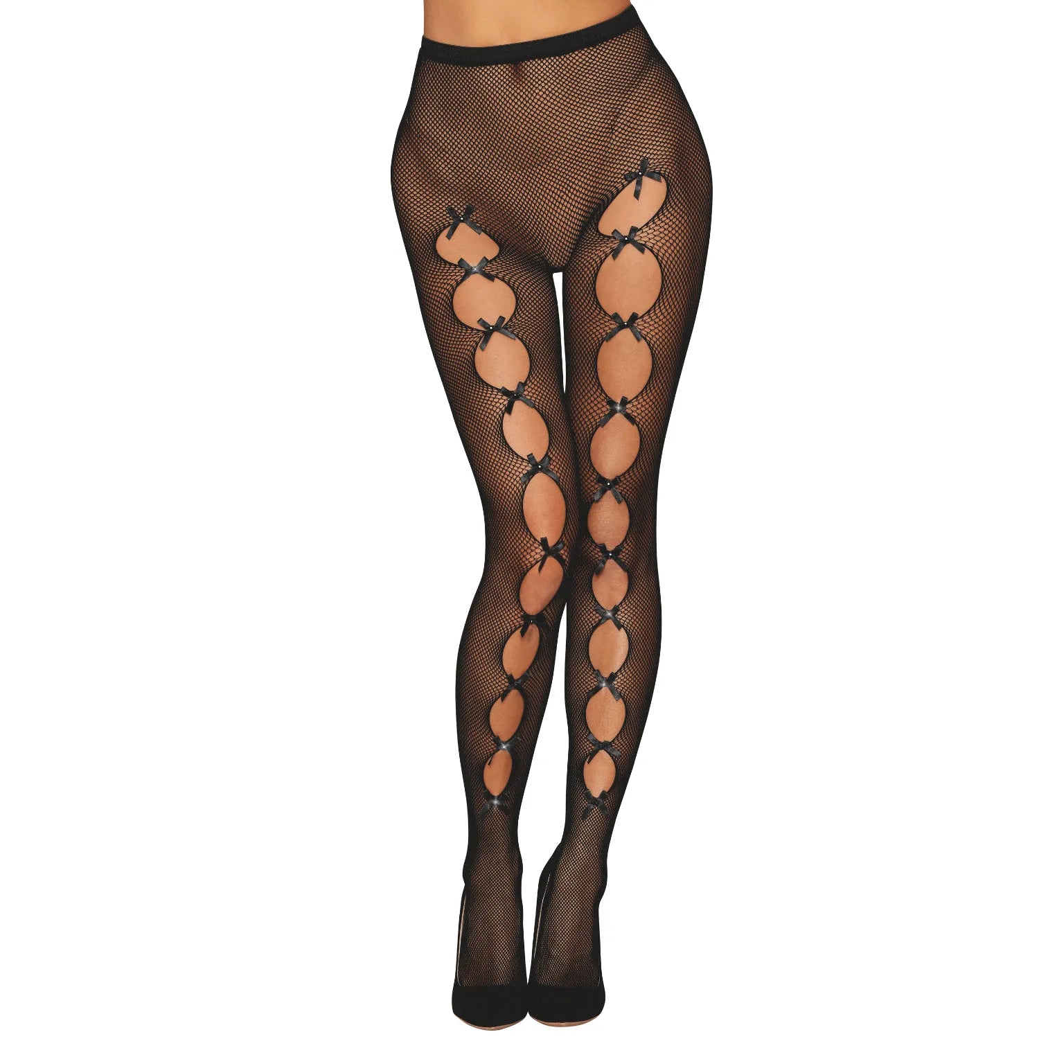 Collant fantaisie résille noir nœuds satinés strass liseré arrière