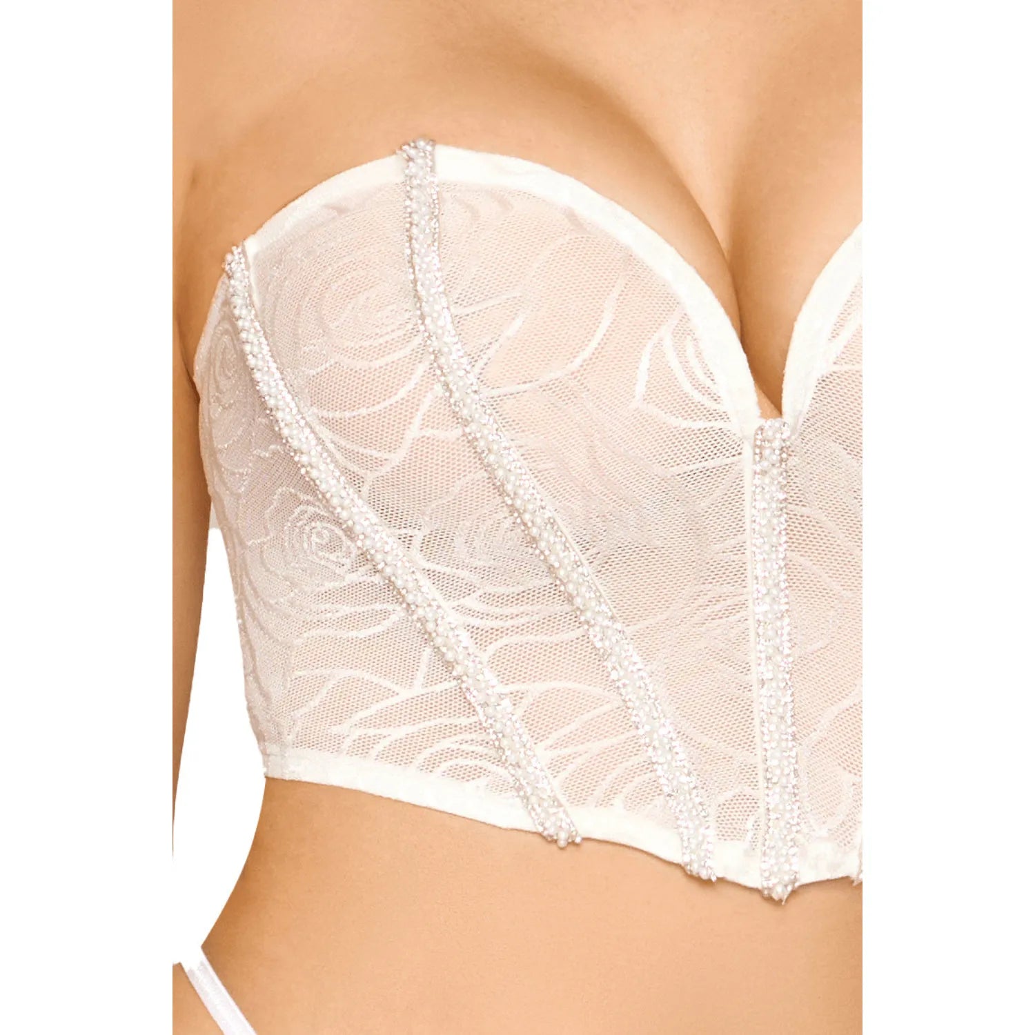 Bustier blanc dentelle avec armatures, strass et perles, bretelles amovibles, string assorti, élégant et raffiné.