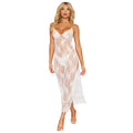 Nuisette longue blanche dentelle florale bretelles dorées perles string nylon
