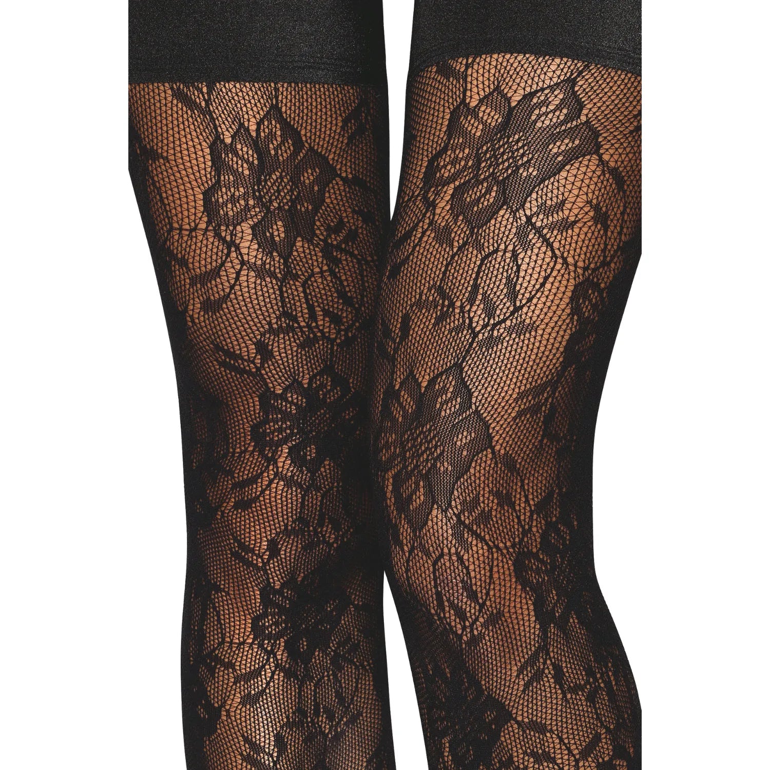 Bas autofixants noirs fantaisie en dentelle, jarretière élastique, silicone, nylon et spandex, motif floral élégant.