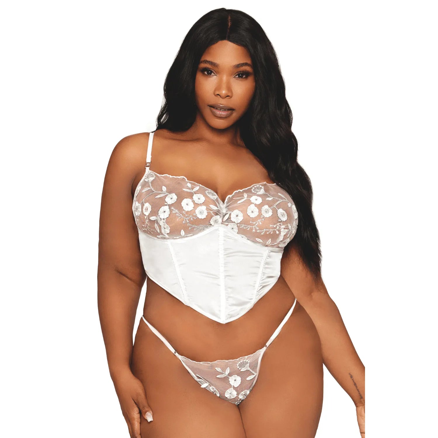 Bustier blanc grande taille satin dentelle florale baleines armatures bretelles ajustables