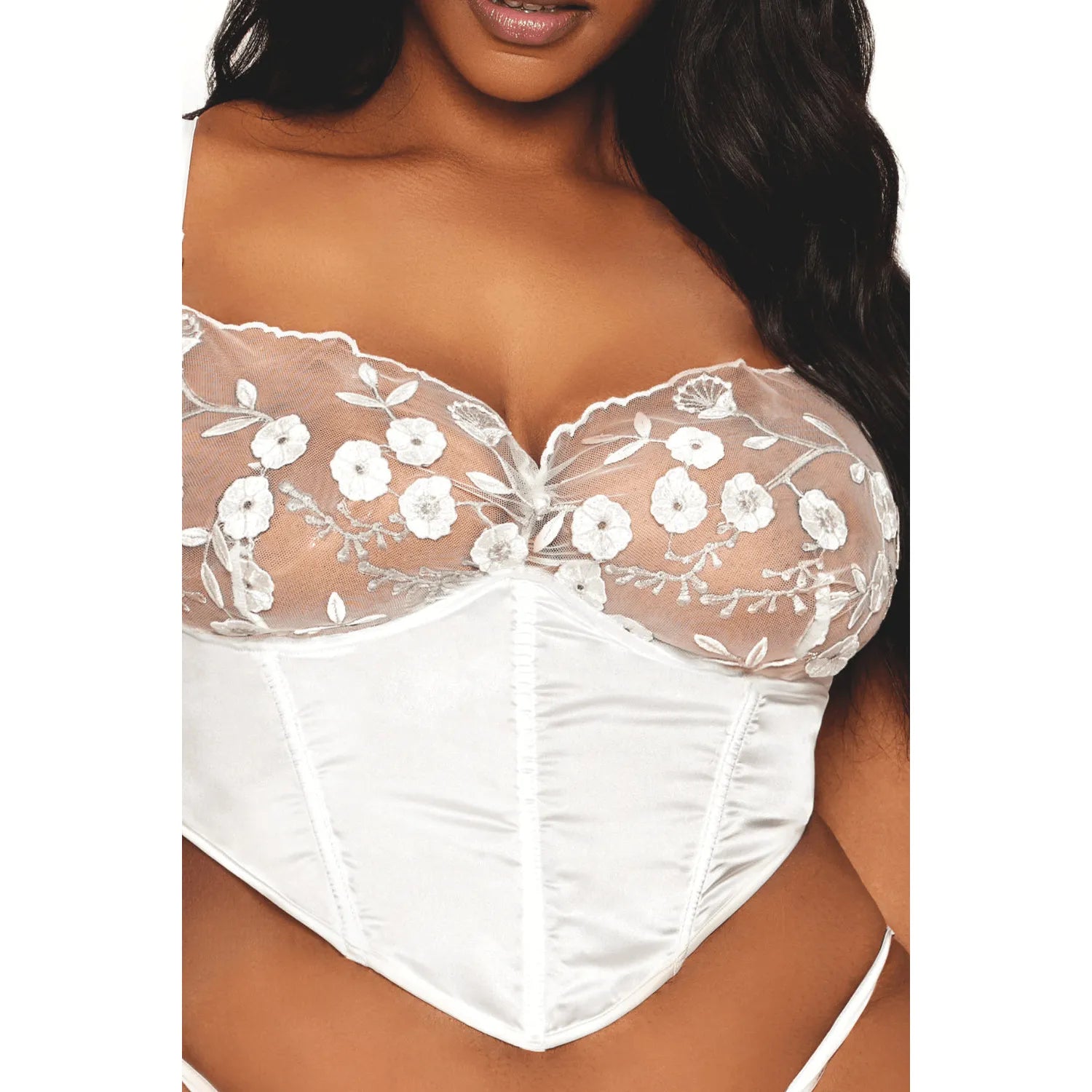 Bustier blanc satin grande taille, dentelle florale, baleines, armatures, bretelles ajustables, élégance et confort.