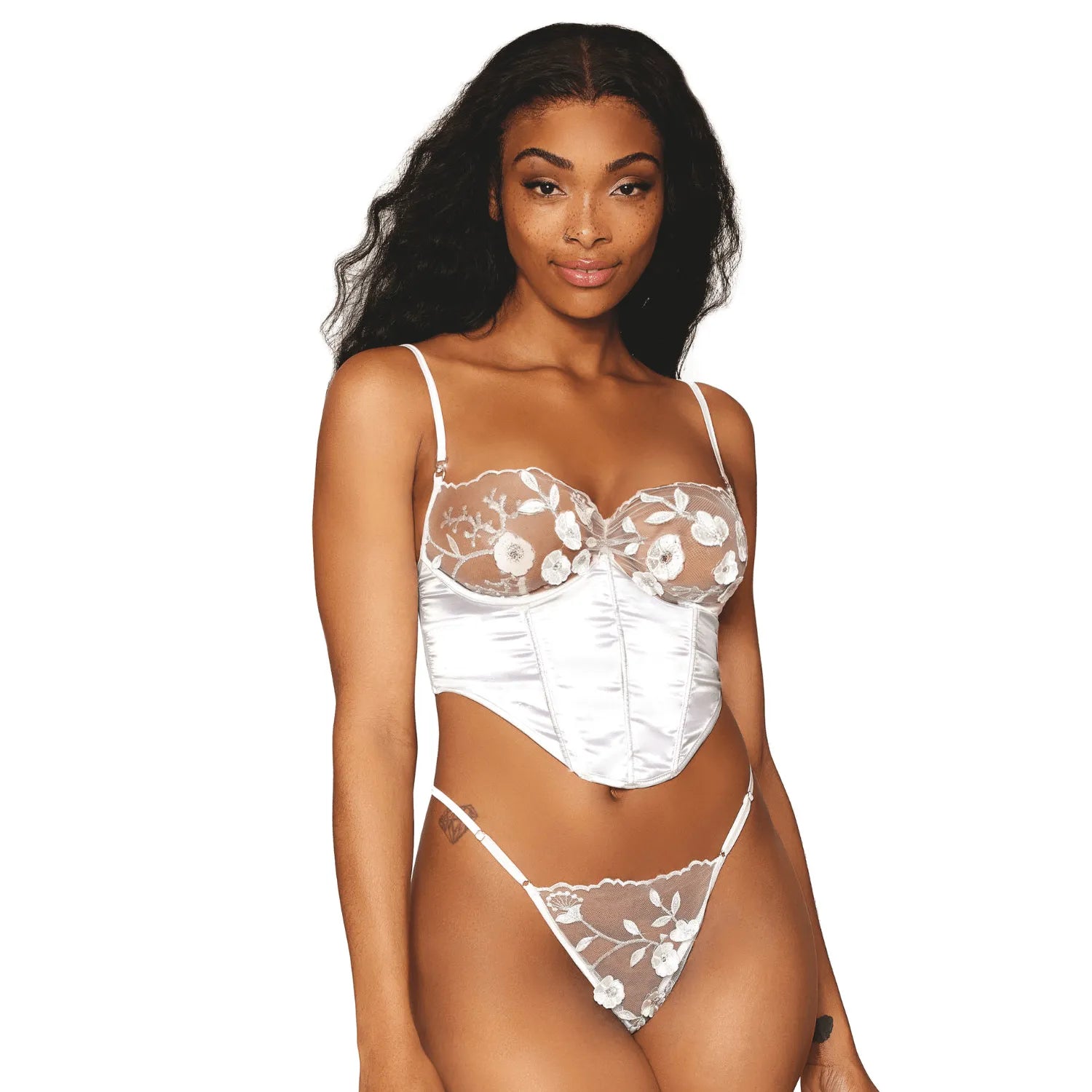Bustier blanc satin dentelle florale balaines armatures ventrales bretelles ajustables string
