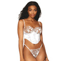 Bustier blanc satin dentelle florale balaines armatures ventrales bretelles ajustables string