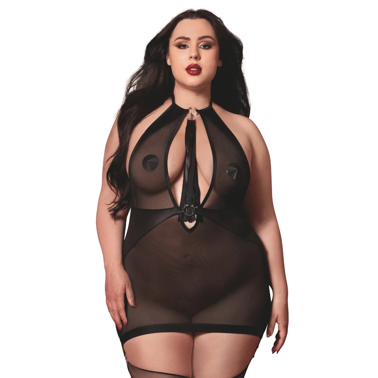 Nuisette grande taille noire transparente porte jarretelles fouet amovible