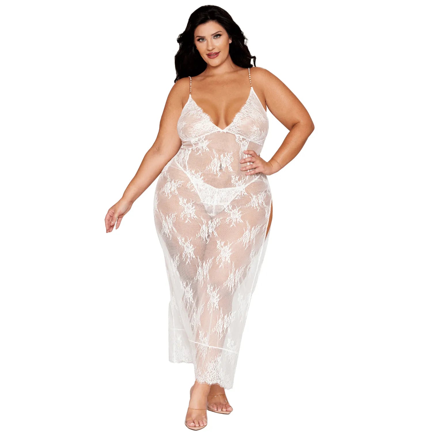 Nuisette longue blanche grande taille dentelle florale bretelles dorées perles réglables