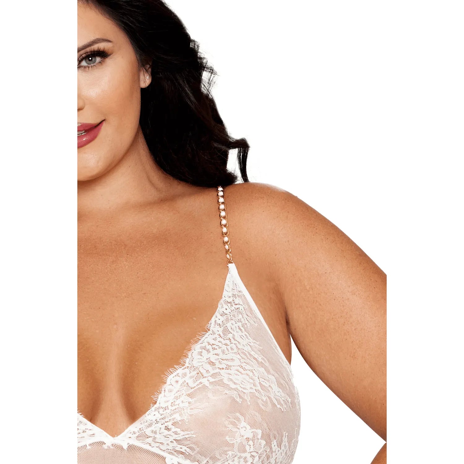Nuisette longue blanche grande taille dentelle florale bretelles dorées perles réglables