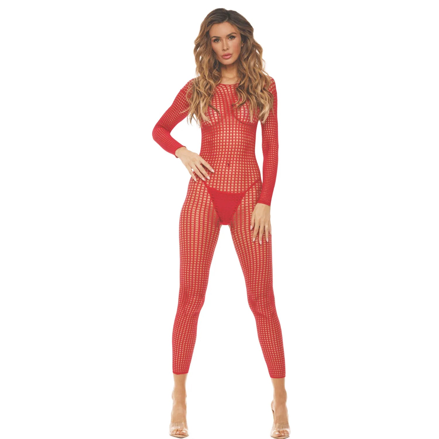 Bodystocking résille rouge ouvert entrejambe nylon femmes lingerie sexy