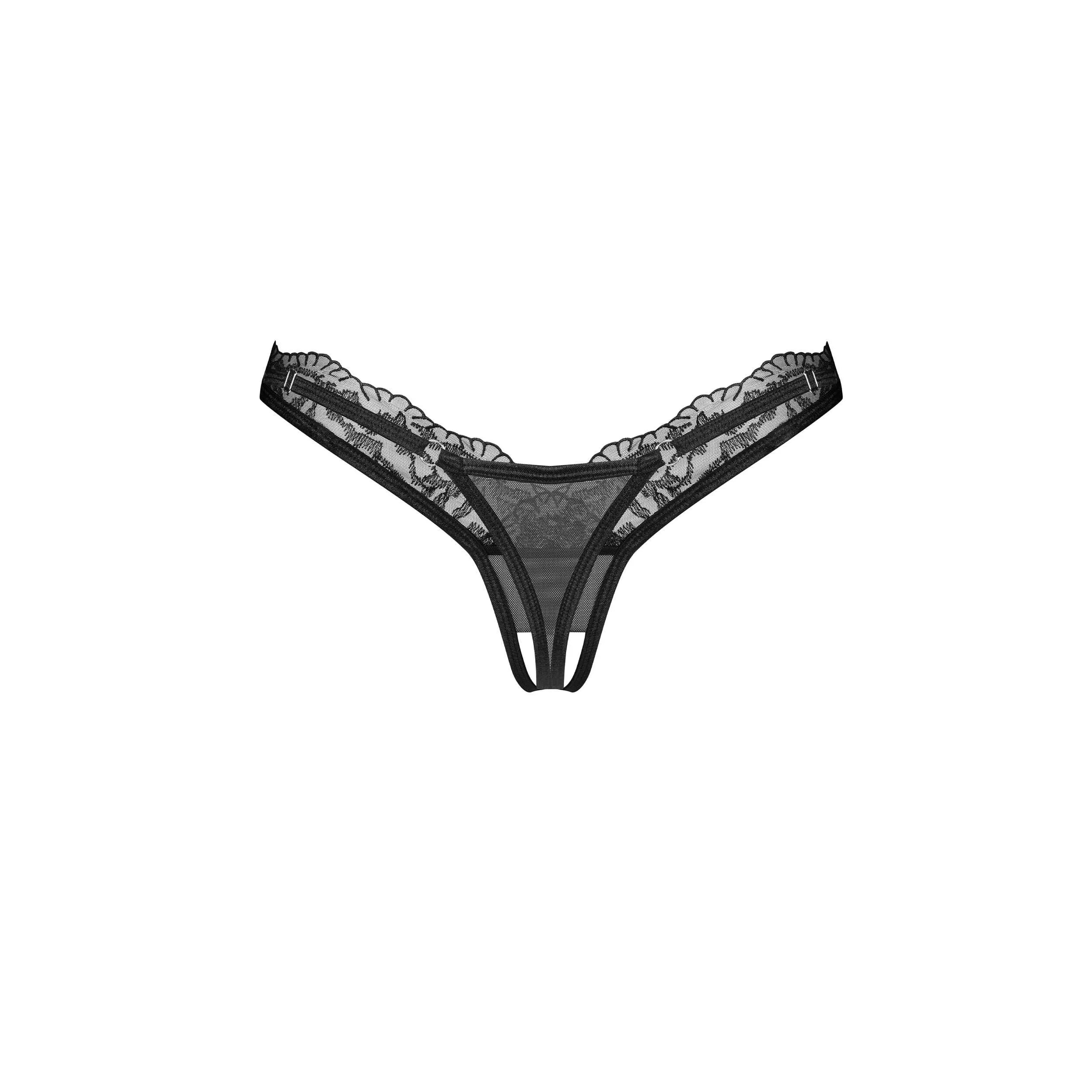 String ouvert noir en dentelle transparente avec bretelles réglables, ornement décoratif, design audacieux et élégant.