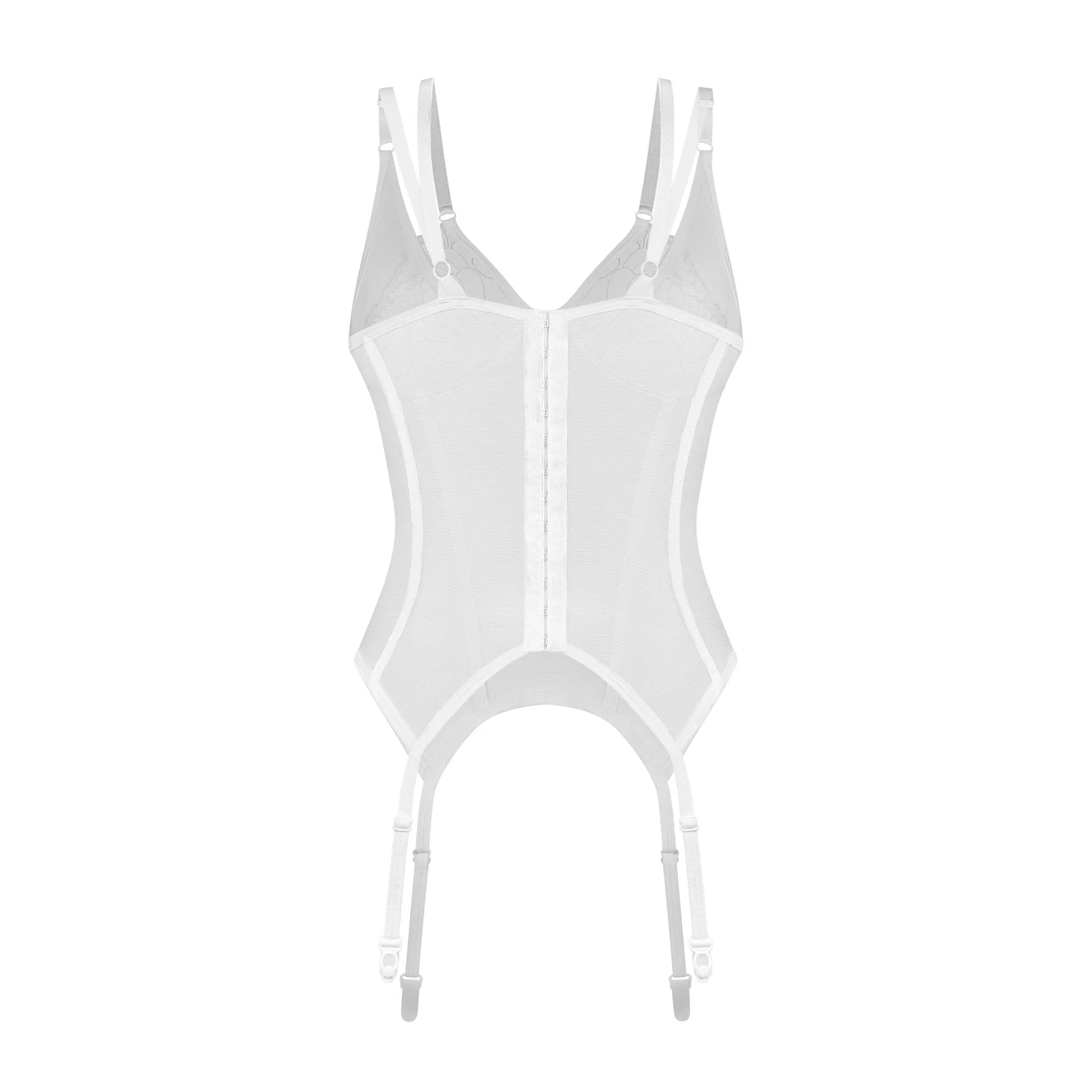 Corset blanc Arrowel en dentelle transparente avec désossage vertical et bretelles ajustables, élégant et sculptant.